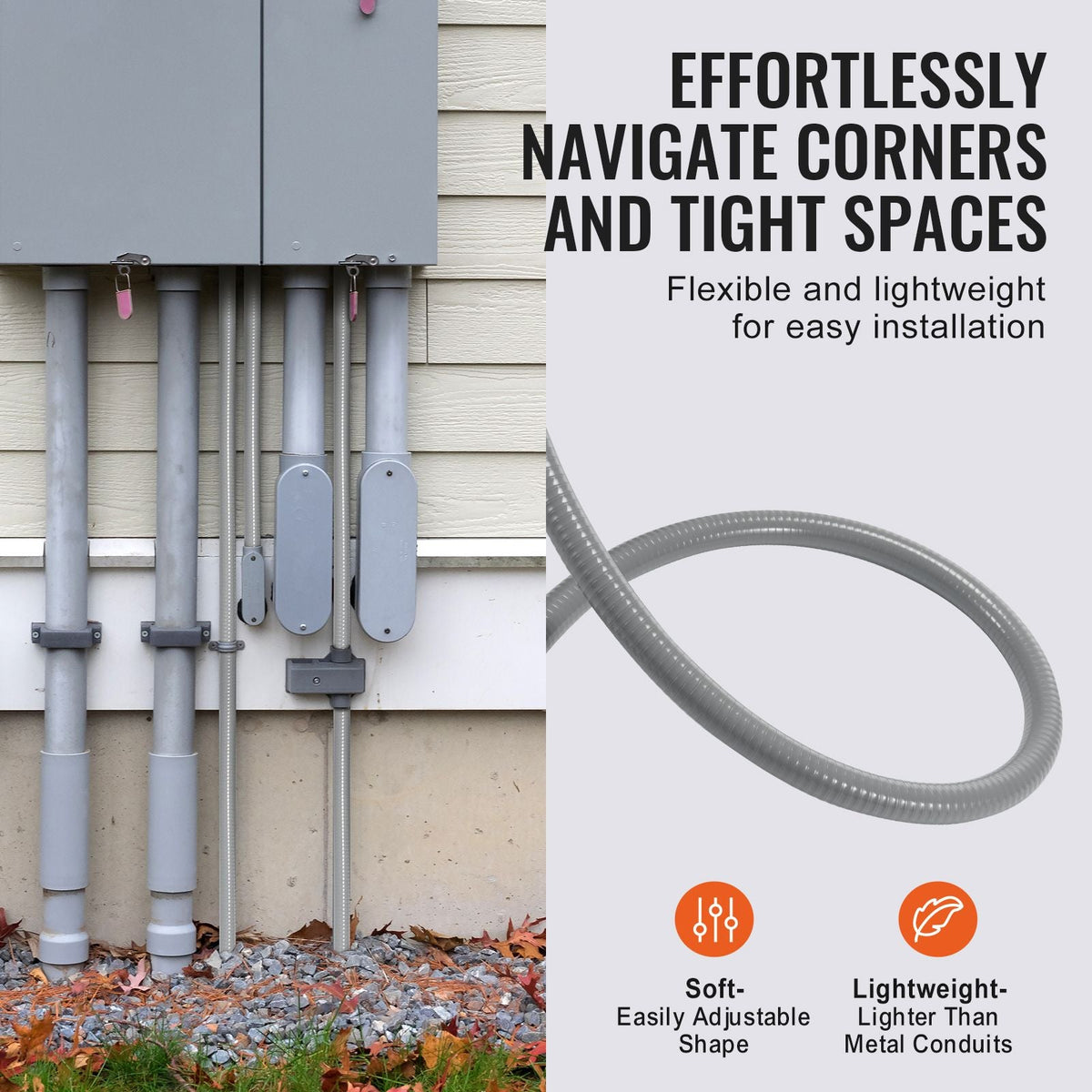 3/4-Inch Flexible Electrical Conduit, 100 ft, PVC Liquid-Tight Conduit Non-Metallic with 5 Straight and 5 90-Degree Conduit Connector Fittings, for Air Conditioning Motor Controller Pump, IP65