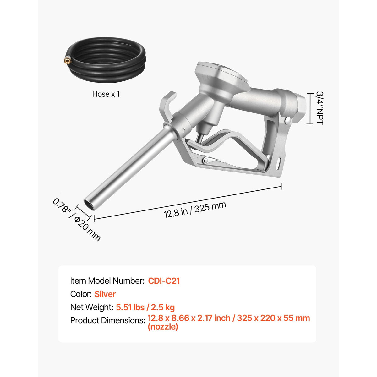 3/4-Inch NPT Fuel Nozzle with 10 ft Hose, Max Flow Rate 22.7 GPM, Diesel Gas Pump Nozzle with 2-Speed Trigger Lock & 0.78 in (OD=20 mm) Spout Used for Gasoline, Diesel, Kerosene, Silver