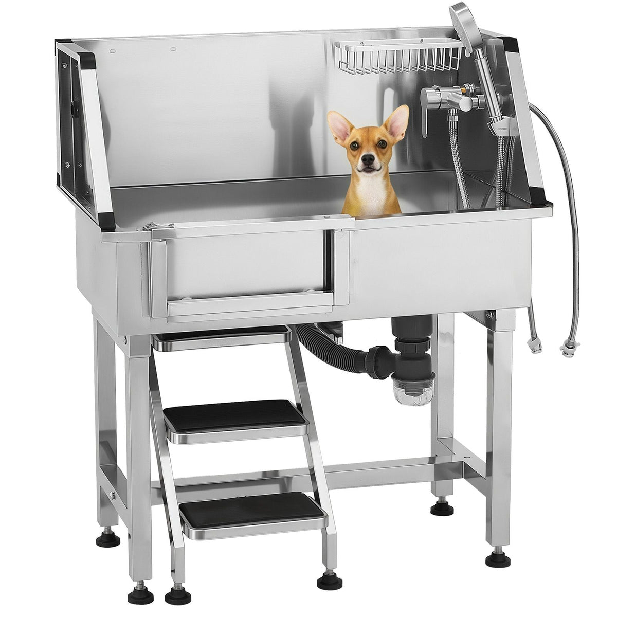 34 Inch Stainless Steel Dog Washing Station, Pet Grooming Tub with Hot & Cold Faucet, Showerhead, Home Wash Sink, Fits Small Cats and Dogs, Non-Slip Stairs (Left Door)