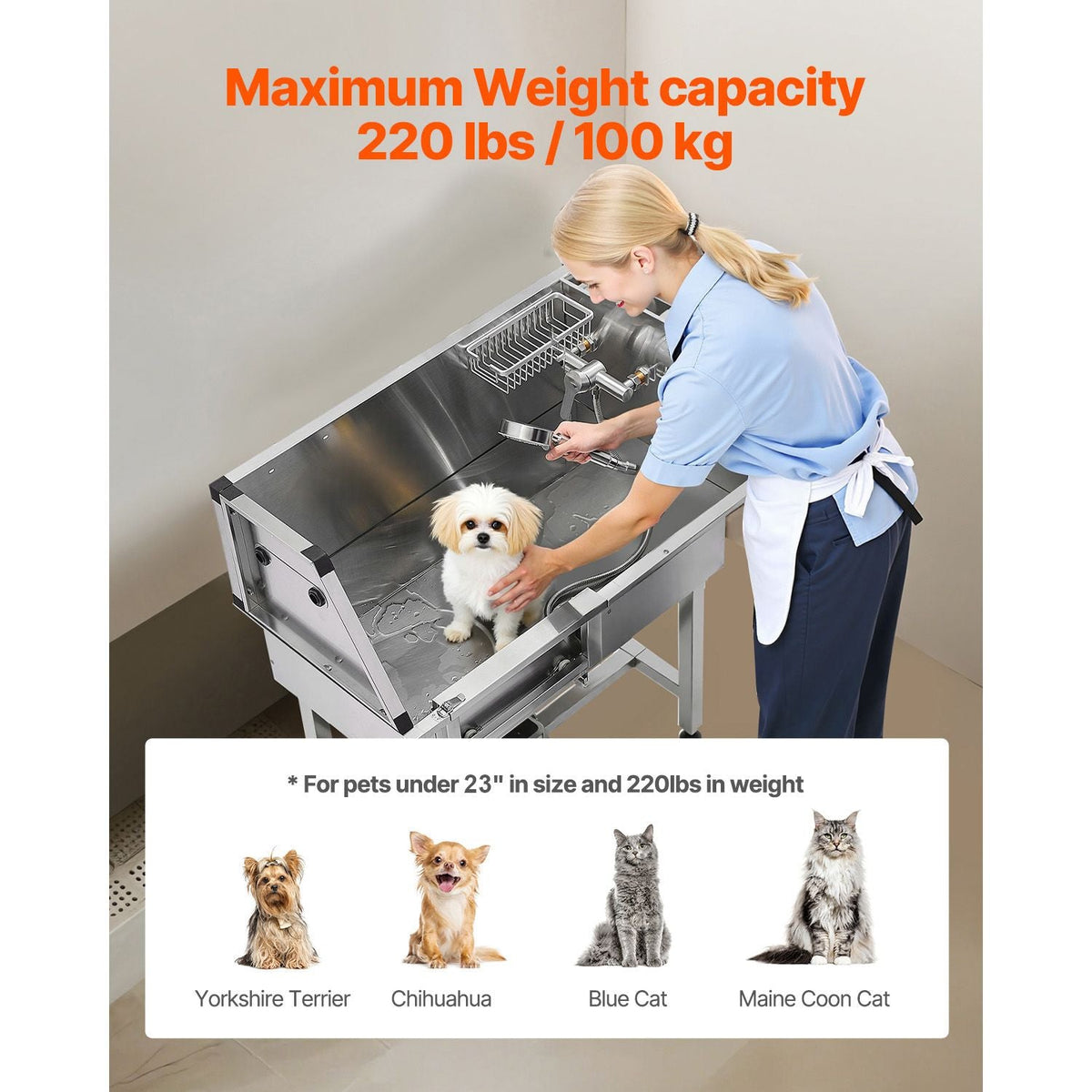 34 Inch Stainless Steel Dog Washing Station, Pet Grooming Tub with Hot & Cold Faucet, Showerhead, Home Wash Sink, Fits Small Cats and Dogs, Non-Slip Stairs (Left Door)