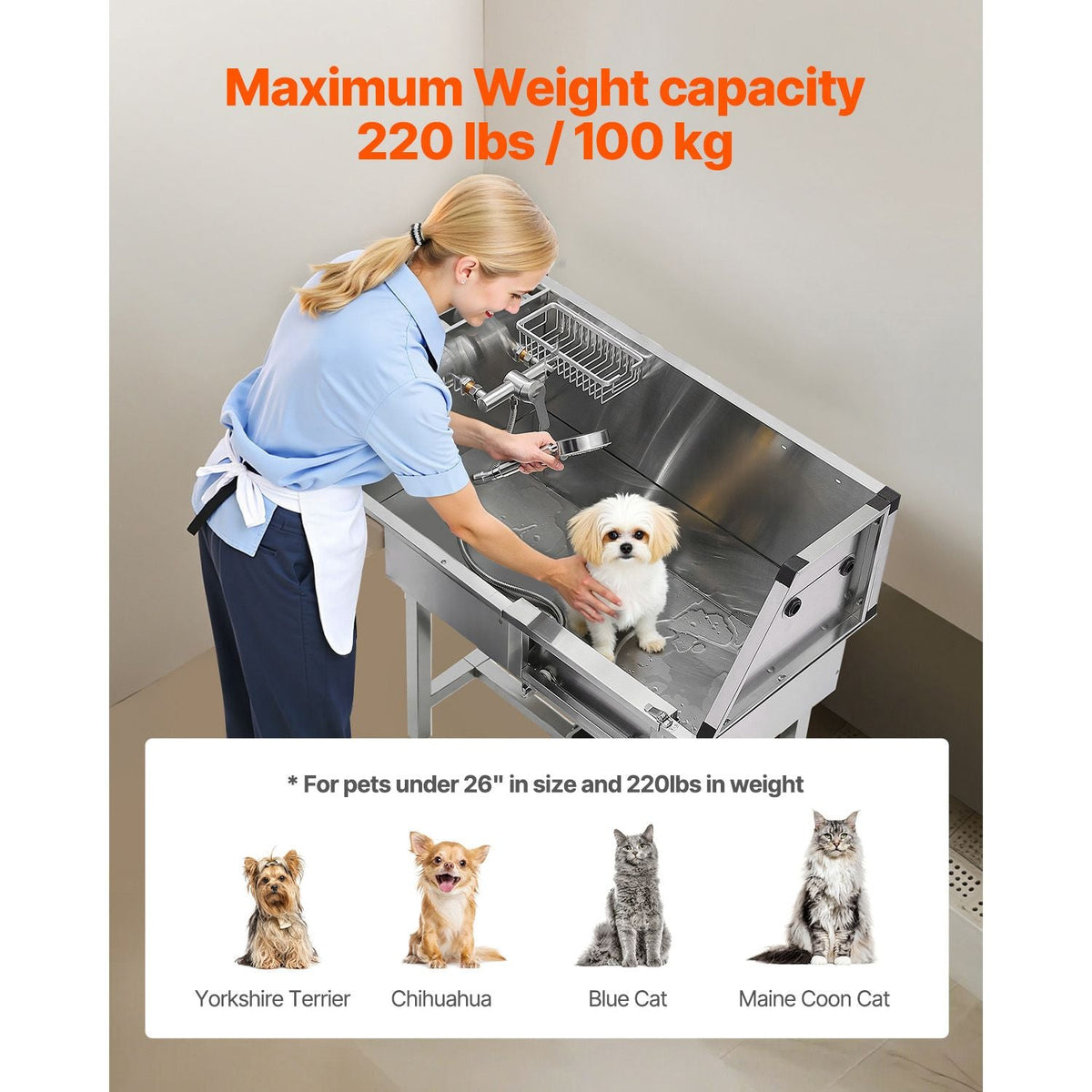 34 Inch Stainless Steel Dog Washing Station, Pet Grooming Tub with Hot & Cold Faucet, Showerhead, Home Wash Sink,, Fits Small Cats and Dogs, Non-Slip Stairs (Right Door)