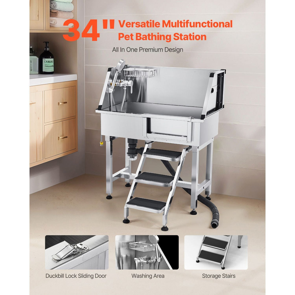 34 Inch Stainless Steel Dog Washing Station, Pet Grooming Tub with Hot & Cold Faucet, Showerhead, Home Wash Sink,, Fits Small Cats and Dogs, Non-Slip Stairs (Right Door)