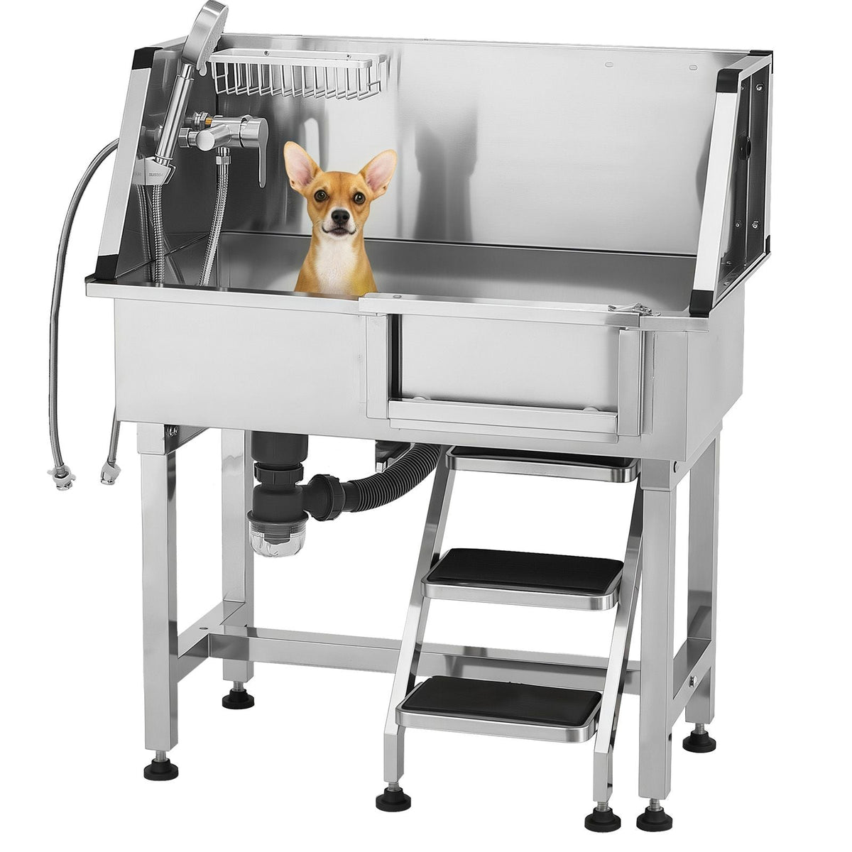 34 Inch Stainless Steel Dog Washing Station, Pet Grooming Tub with Hot & Cold Faucet, Showerhead, Home Wash Sink,, Fits Small Cats and Dogs, Non-Slip Stairs (Right Door)