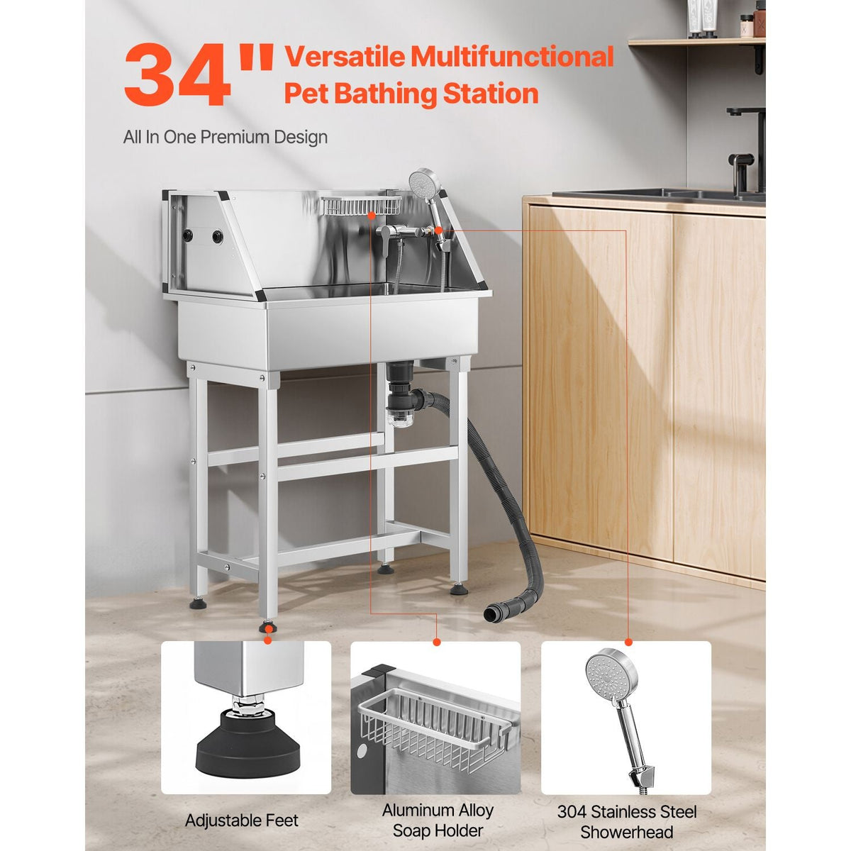 34 Inch Stainless Steel Dog Washing Station, Pet Grooming Tub with Hot & Cold Faucet, Showerhead, Storage Rack, No-Bend All-in-One Bathtub, Home Wash Sink, Fits Small Cats and Dogs