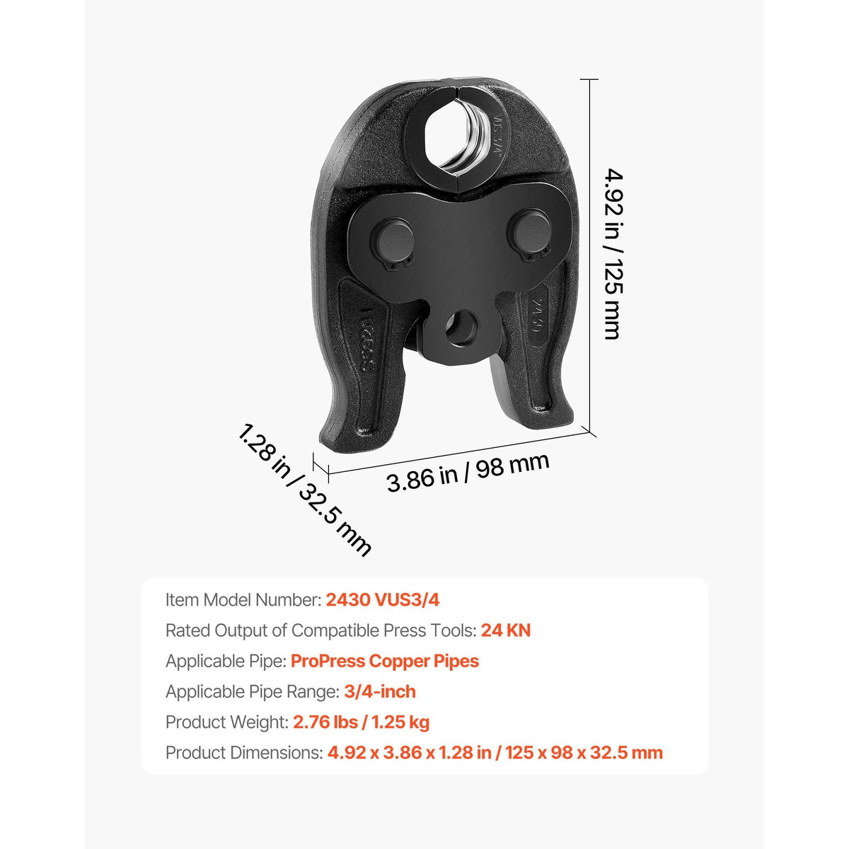 3/4" ProPress Jaw for Compact Series Press Tools, 52 HRC Hardened Steel Pressing Jaw - Compatible with 24KN Press Tools for Copper Pipes Connections