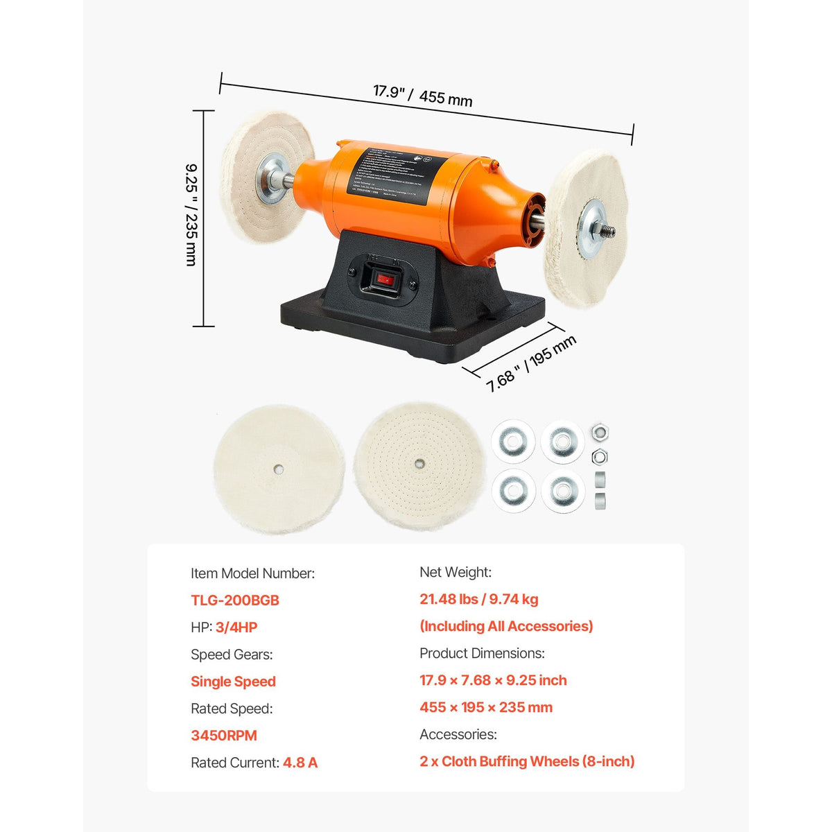3/4HP Bench Buffer Polisher, 8-inch Bench Polishing Buffing Machine, 3450RPM Single Speed Benchtop Polisher with 2PCS Cloth Wheels & Cast Iron Base for Metal, Jewelry, Wood Polishing