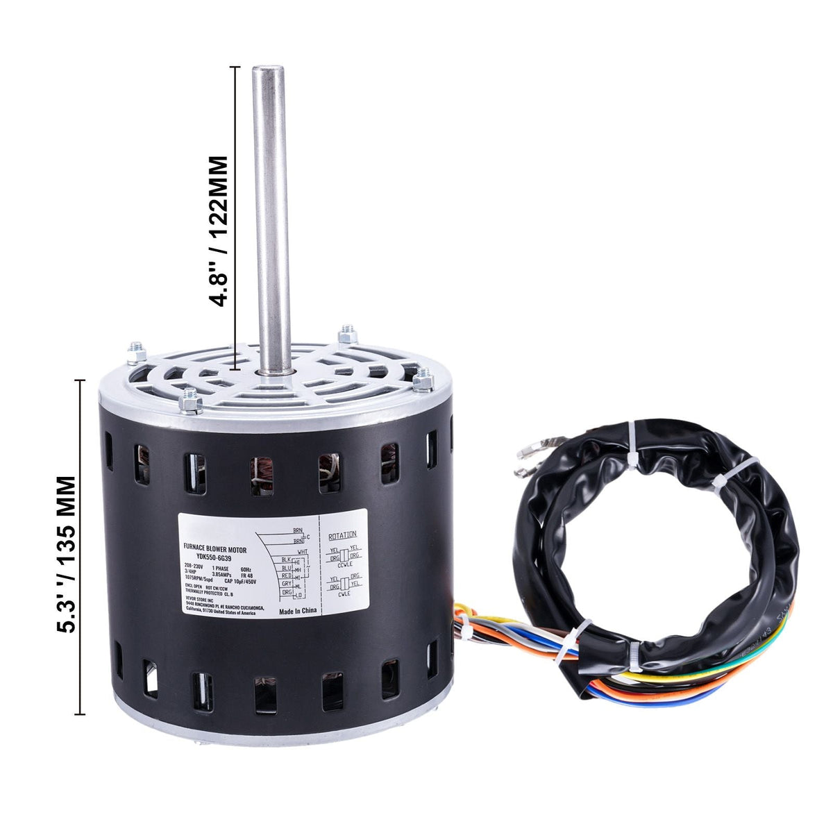 3/4HP Furnace Blower Motor, 208/230V 3.85Amps, 1075RPM 5 Speeds, CW/CCW Rotation, 48 Frame 4.8" Shaft Length, 10μF/450V Capacitor + 11" Hold Hoop