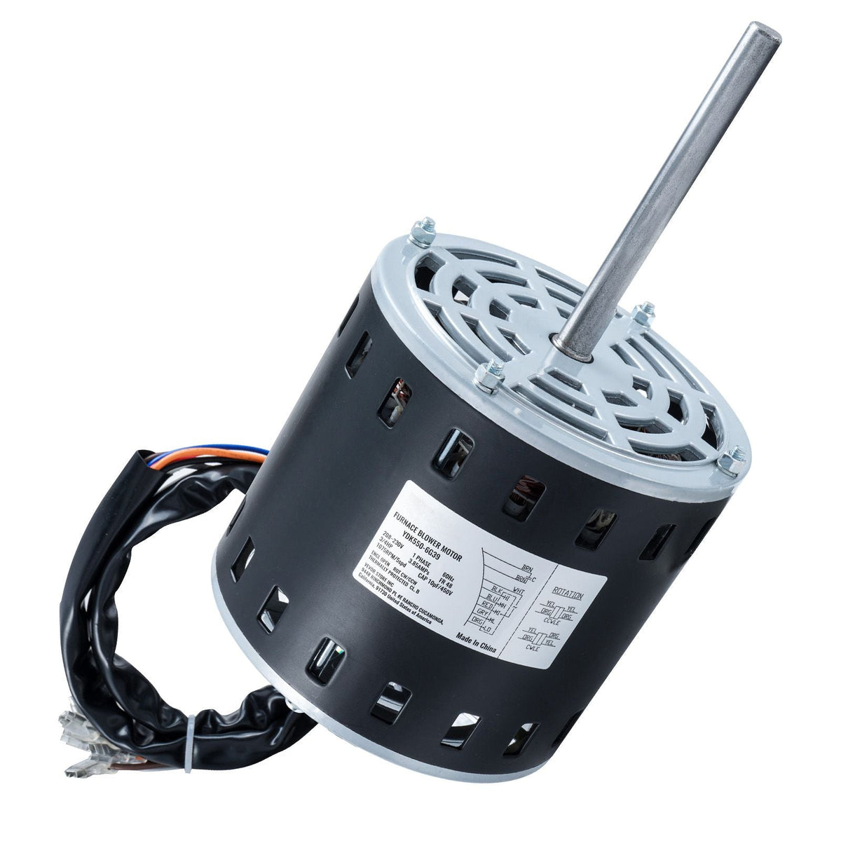 3/4HP Furnace Blower Motor, 208/230V 3.85Amps, 1075RPM 5 Speeds, CW/CCW Rotation, 48 Frame 4.8" Shaft Length, 10μF/450V Capacitor + 11" Hold Hoop