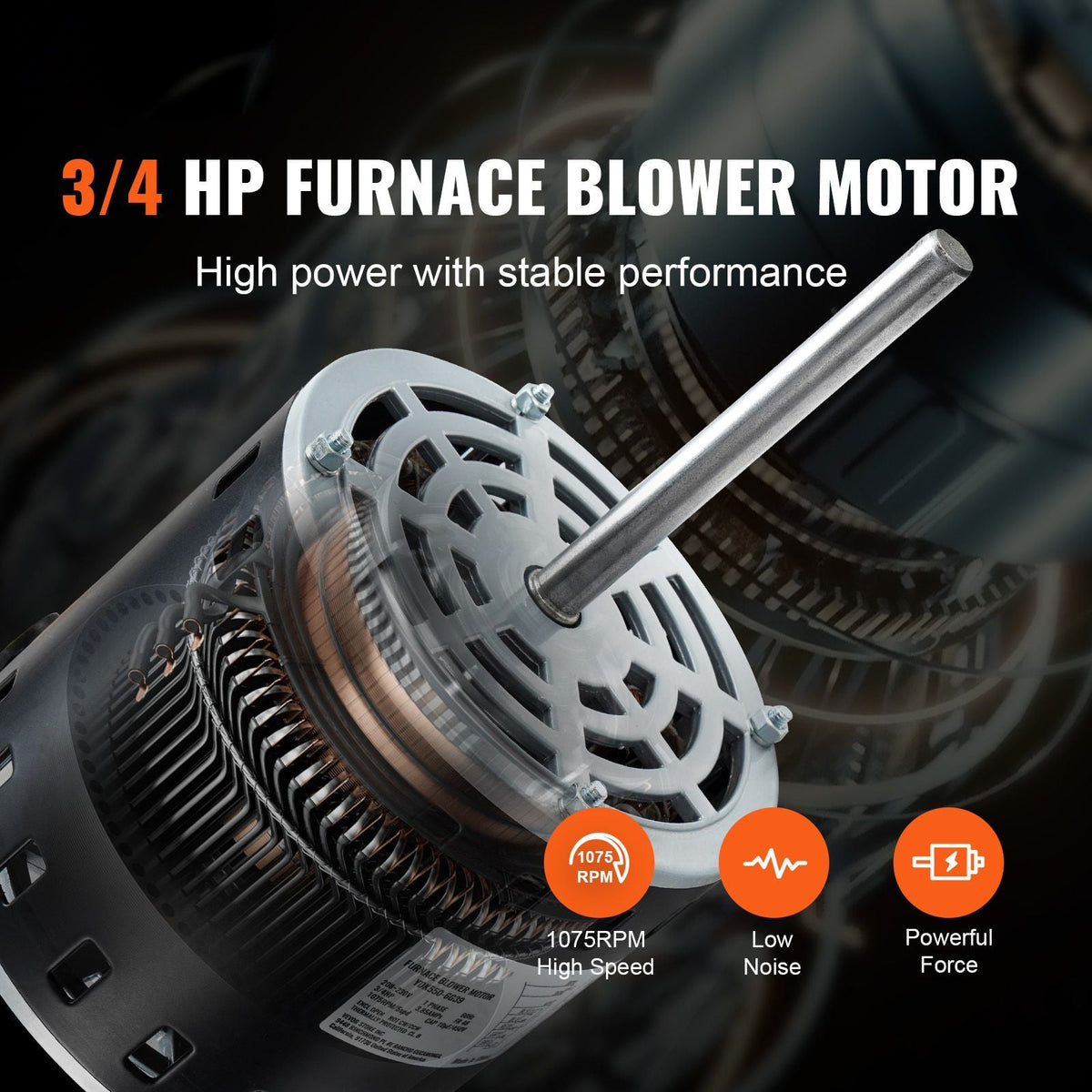 3/4HP Furnace Blower Motor, 208/230V 3.85Amps, 1075RPM 5 Speeds, CW/CCW Rotation, 48 Frame 4.8" Shaft Length, 10μF/450V Capacitor + 11" Hold Hoop