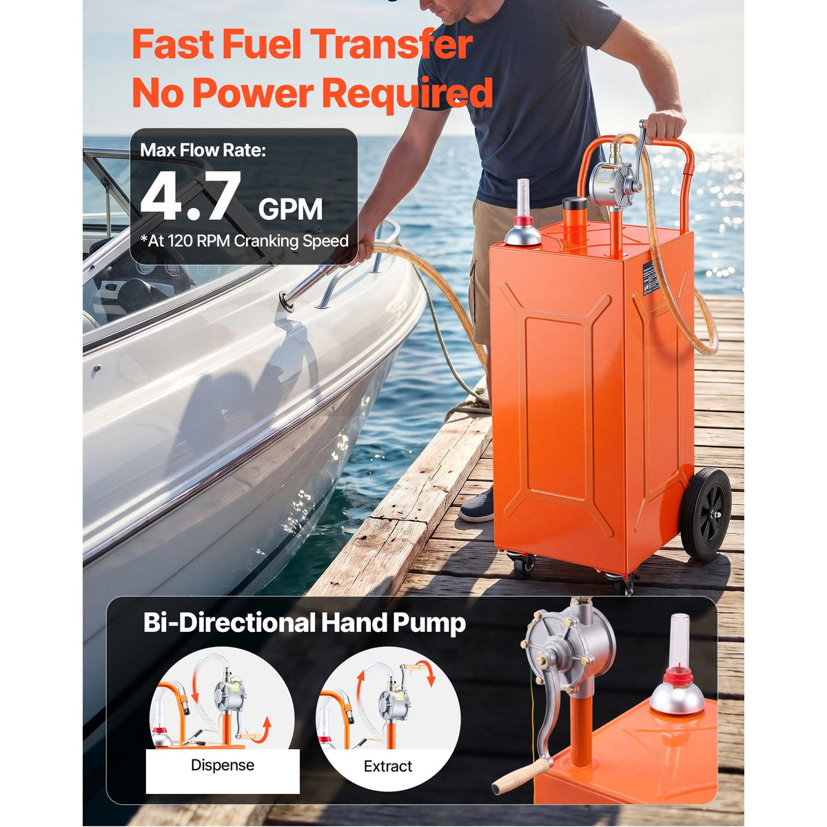 35 Gallon Fuel Gas Caddy, Carbon Steel, Portable Fuel Transfer Storage Tank with Manual Pump & 4 Wheels, Gasoline Diesel Can Container, for Cars, Lawn Mowers, ATVs, Boats, Motorcycles, Orange