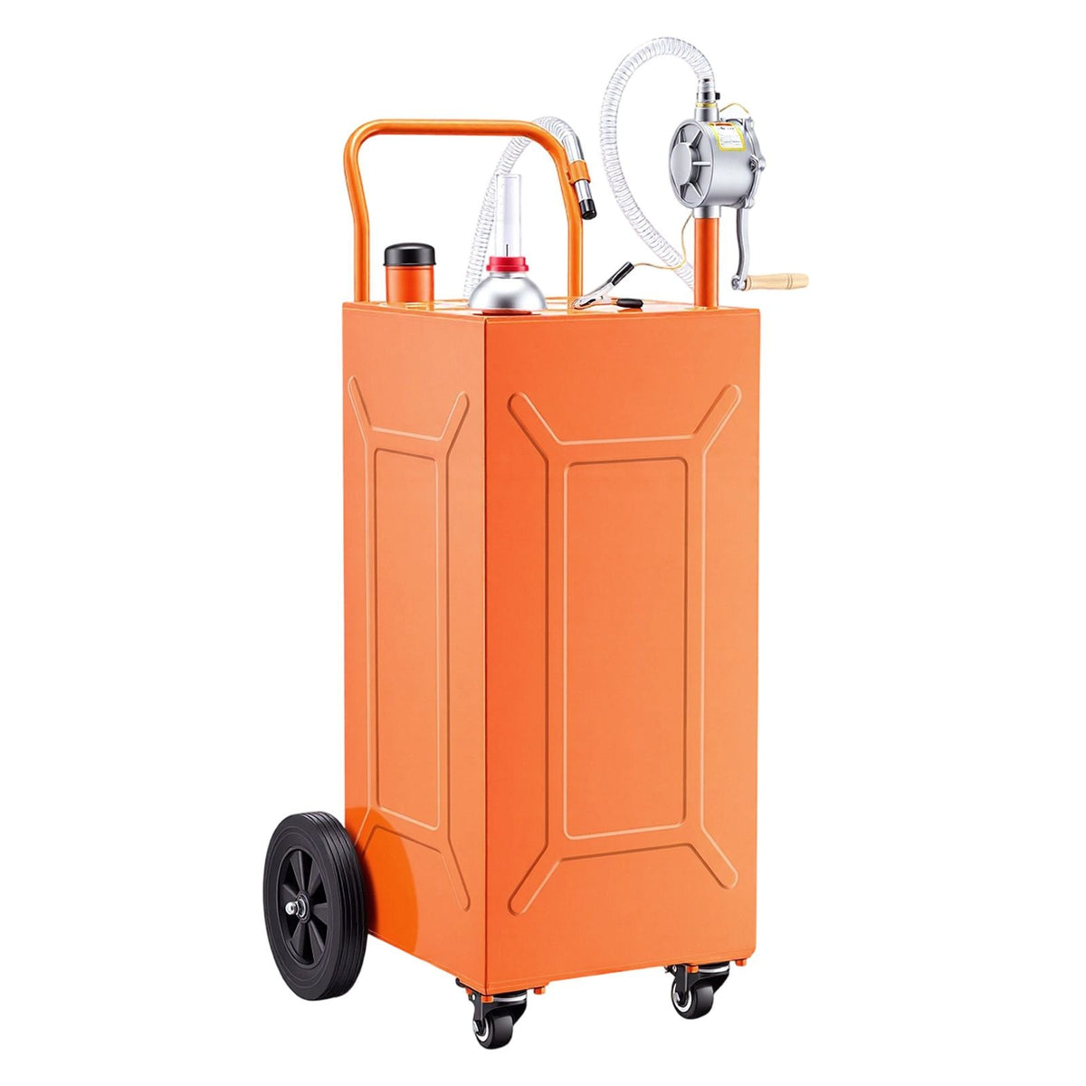 35 Gallon Fuel Gas Caddy, Carbon Steel, Portable Fuel Transfer Storage Tank with Manual Pump & 4 Wheels, Gasoline Diesel Can Container, for Cars, Lawn Mowers, ATVs, Boats, Motorcycles, Orange