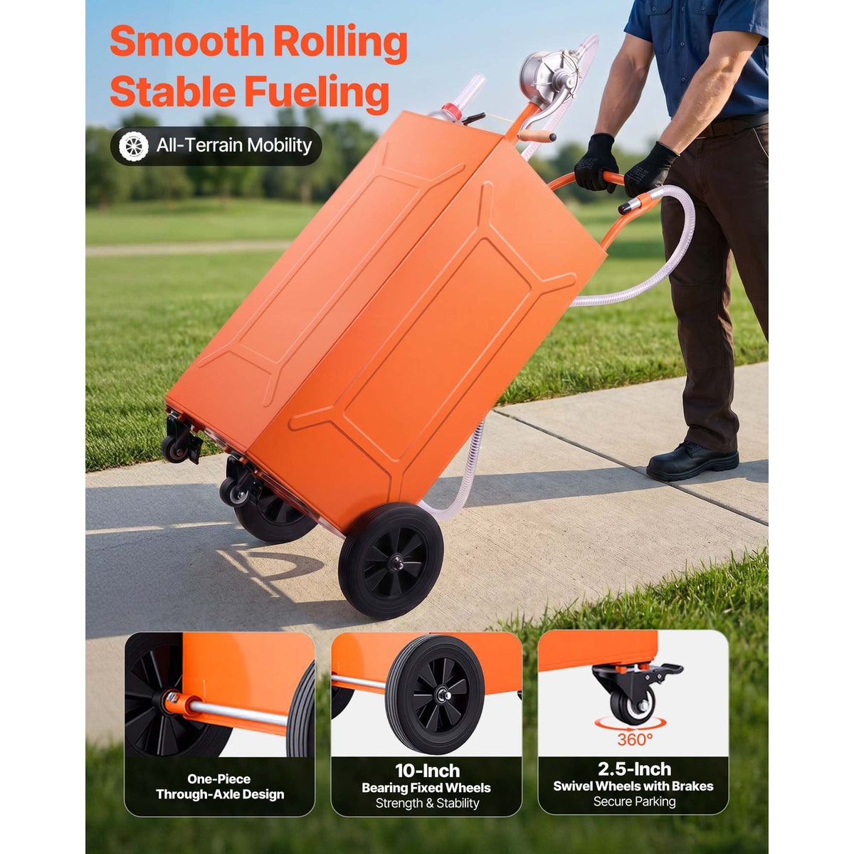 35 Gallon Fuel Gas Caddy, Carbon Steel, Portable Fuel Transfer Storage Tank with Manual Pump & 4 Wheels, Gasoline Diesel Can Container, for Cars, Lawn Mowers, ATVs, Boats, Motorcycles, Orange