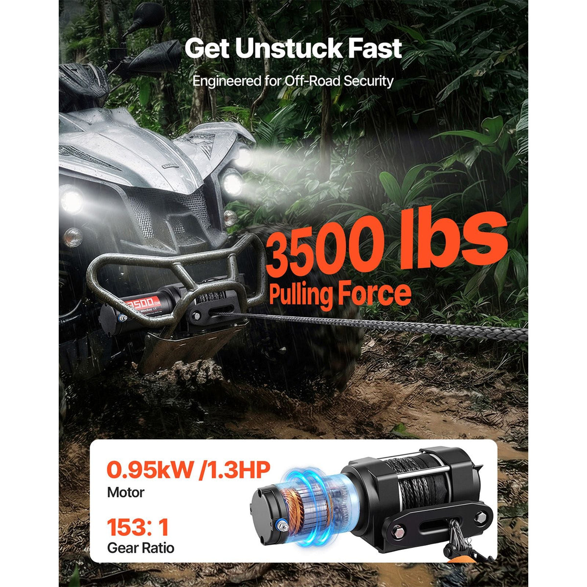 3500 lbs Electric Winch, 12V DC ATV/UTV Winch with Φ0.21 in x 32.8 ft Synthetic Rope & Wired Remote Control, IP55 Waterproof, Aluminum Housing Fairlead Mount Plate for Towing ATV, Black
