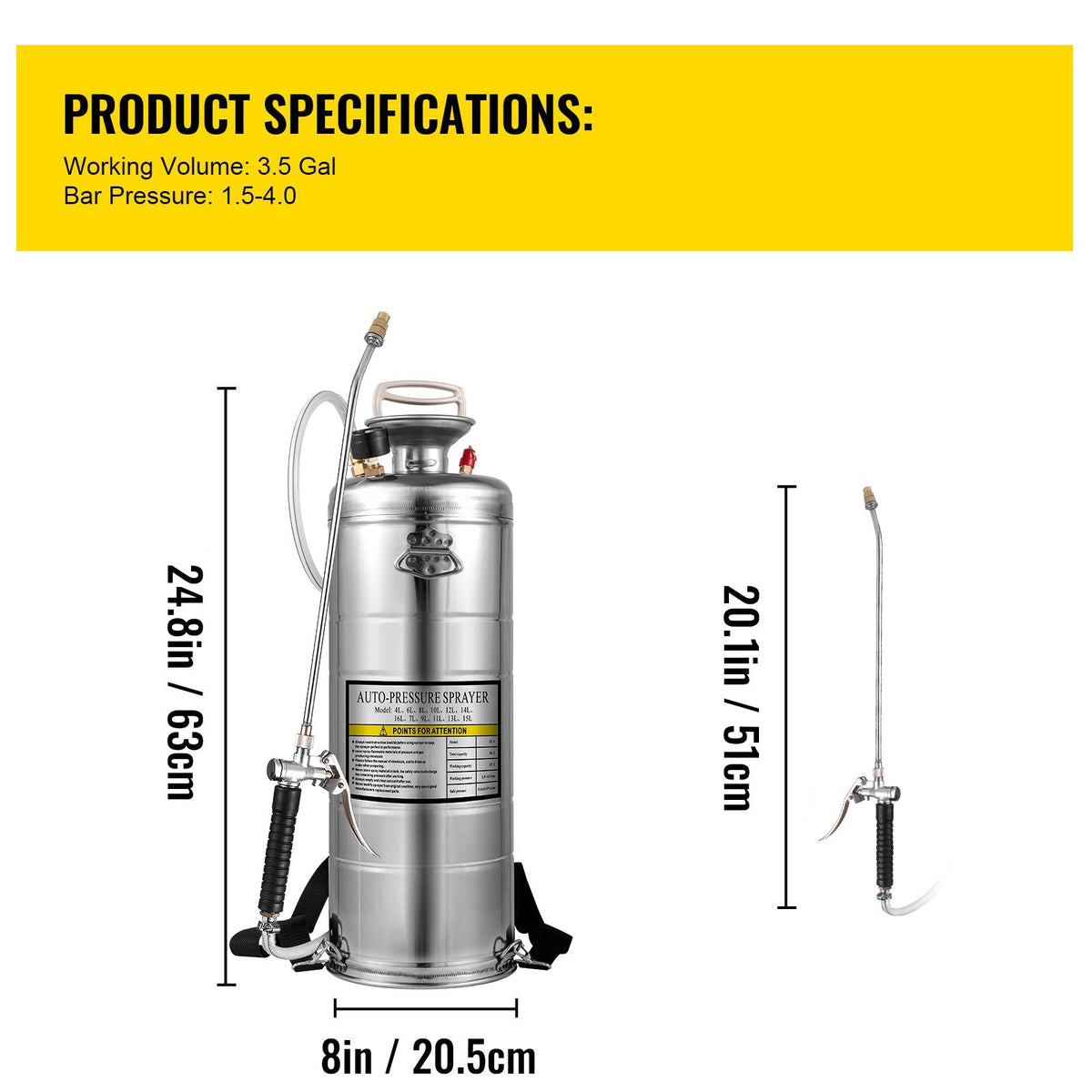 3.5Gal Stainless Steel Sprayer,l Set with 20\" Wand& Handle& 3FT Reinforced Hose, Hand Pump Sprayer with Pressure Gauge&Safety Valve, Adjustable Nozzle Suitable for Gardening& Sanitizing