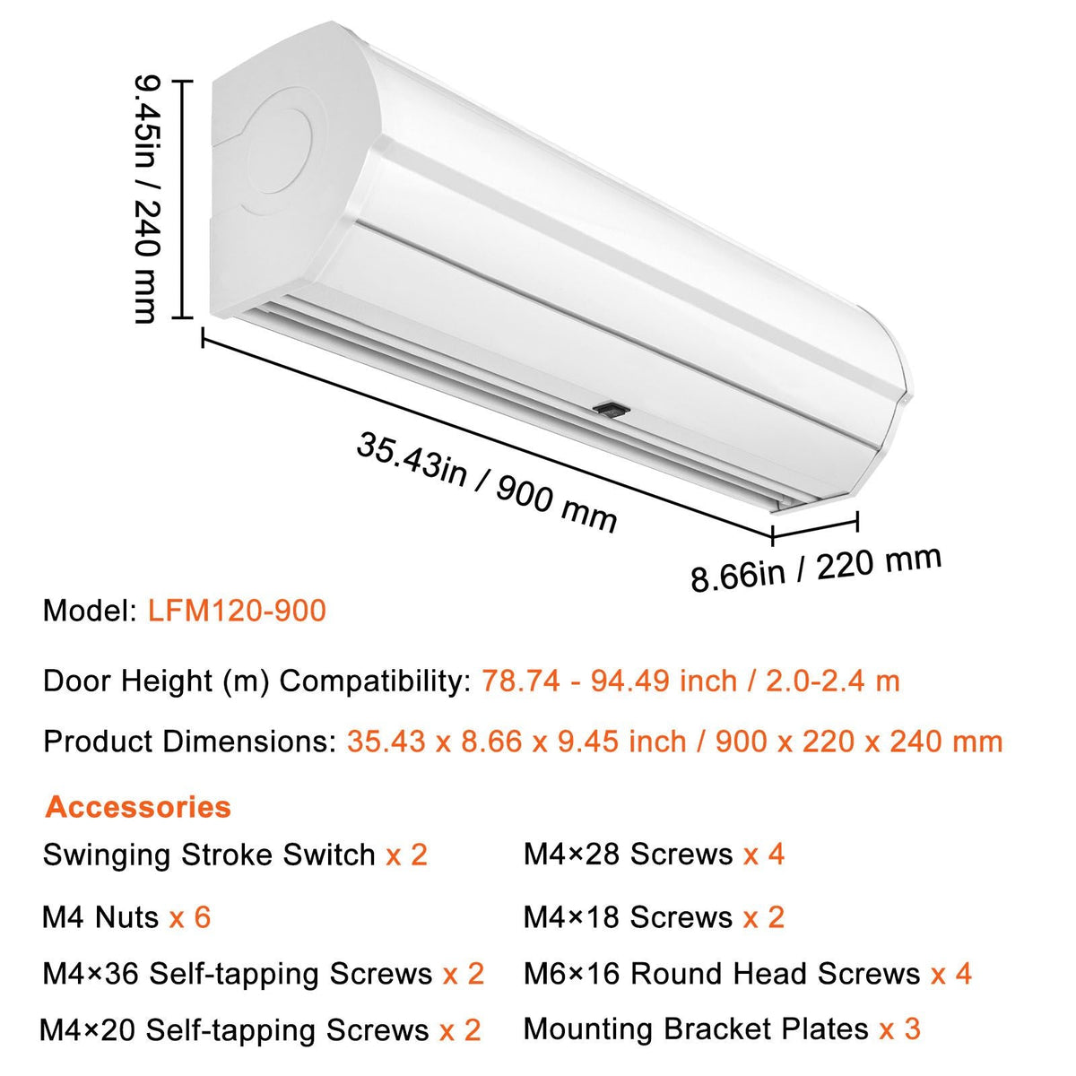 36" Commercial Indoor Air Curtain Super Power 2 Speeds 900CFM, Wall Mounted Air Curtains for Doors, Indoor Over Door Fan with Heavy Duty Limit Switch, Easy-Install 110V Unheated