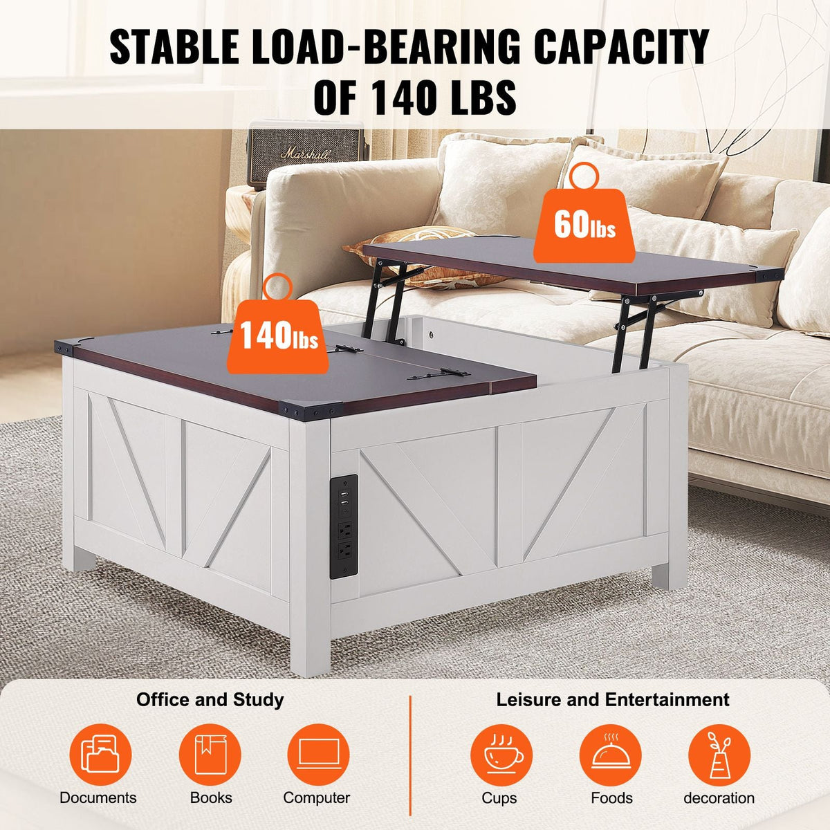 36" Farmhouse Coffee Table, Hinged Lift Top Square Coffee Table with Built-in Power Strip, Wooden Rustic Cocktail Table for Living Room, Bedroom, Apartment, Studio, Brown & White