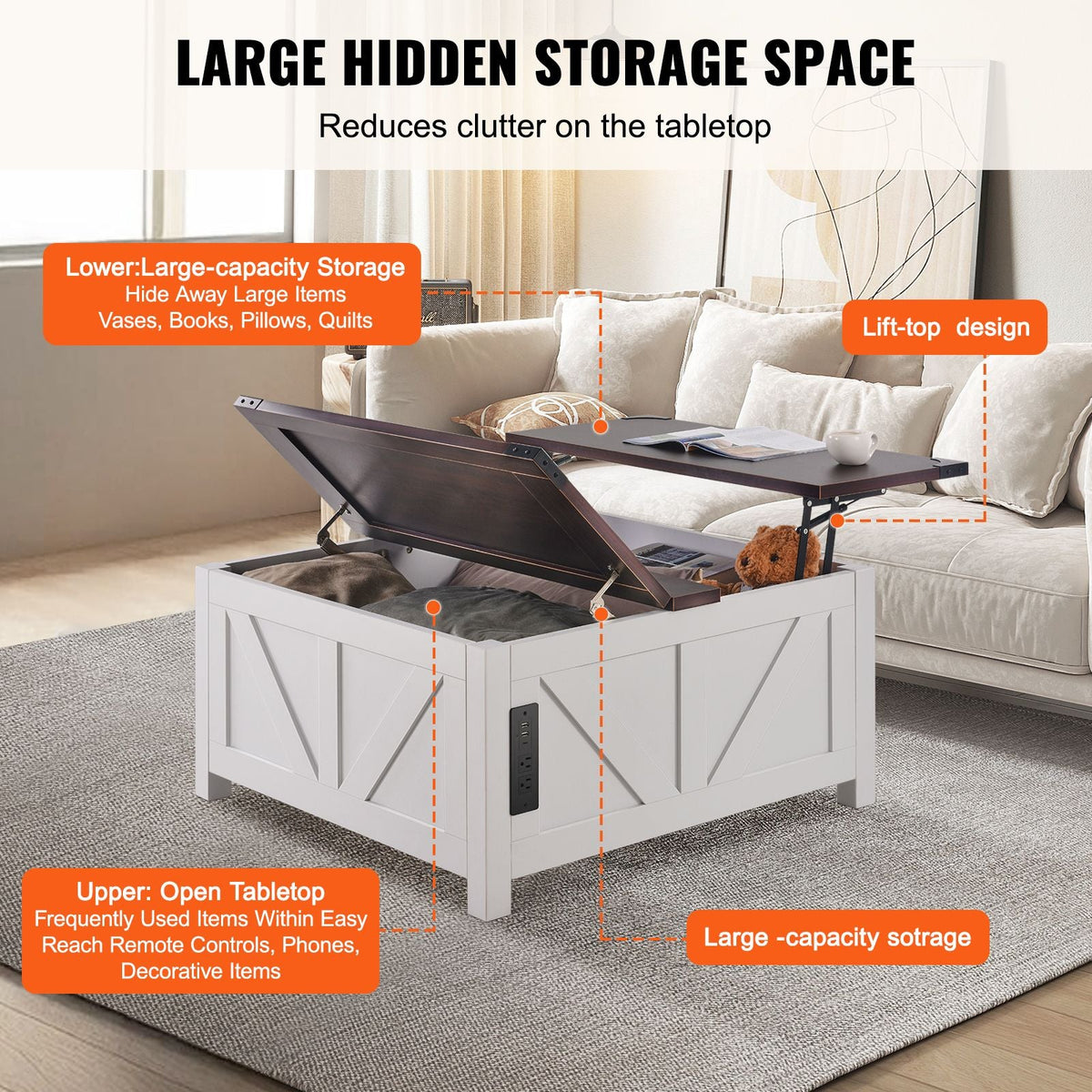 36" Farmhouse Coffee Table, Hinged Lift Top Square Coffee Table with Built-in Power Strip, Wooden Rustic Cocktail Table for Living Room, Bedroom, Apartment, Studio, Brown & White