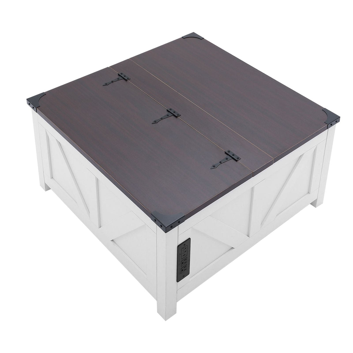 36" Farmhouse Coffee Table, Hinged Lift Top Square Coffee Table with Built-in Power Strip, Wooden Rustic Cocktail Table for Living Room, Bedroom, Apartment, Studio, Brown & White