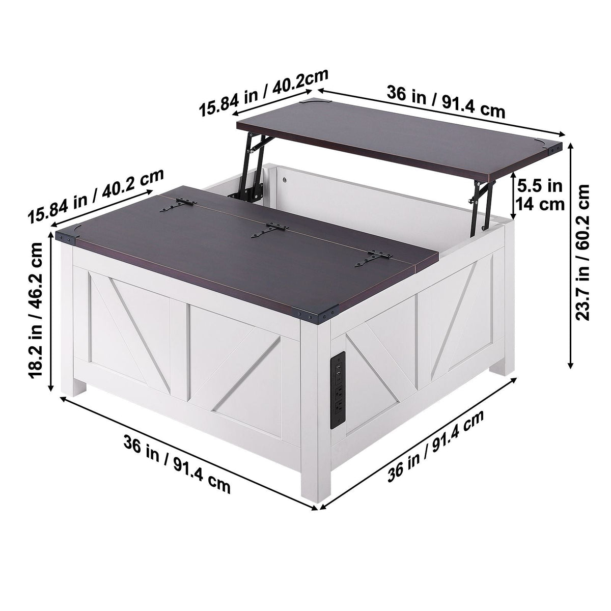 36" Farmhouse Coffee Table, Hinged Lift Top Square Coffee Table with Built-in Power Strip, Wooden Rustic Cocktail Table for Living Room, Bedroom, Apartment, Studio, Brown & White
