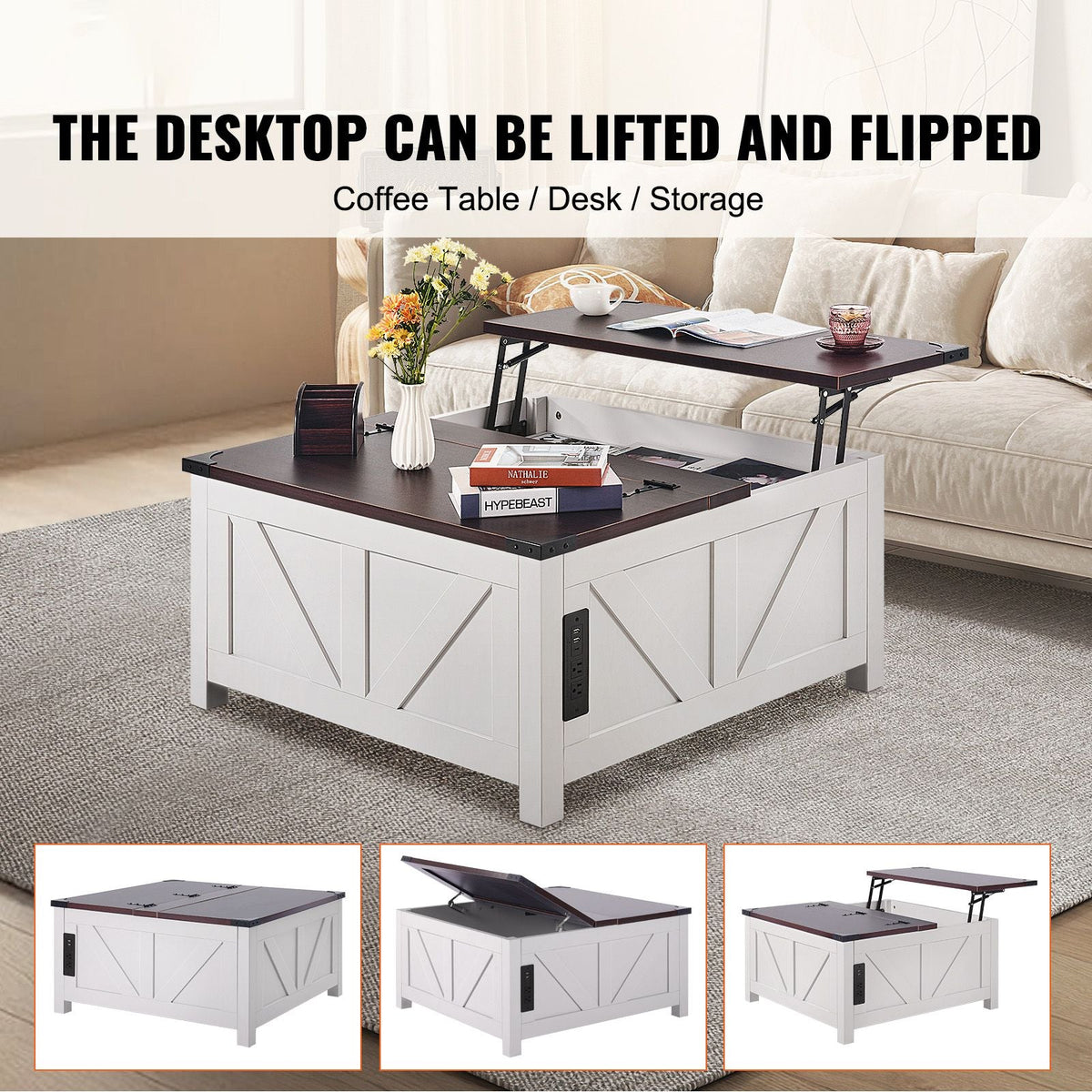36" Farmhouse Coffee Table, Hinged Lift Top Square Coffee Table with Built-in Power Strip, Wooden Rustic Cocktail Table for Living Room, Bedroom, Apartment, Studio, Brown & White
