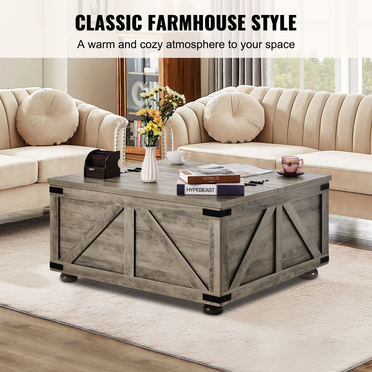 36" Farmhouse Coffee Table, Hinged Square Coffee Table with Large Storage Compartment, Wooden Rustic Cocktail Table for Living Room, Bedroom, Apartment, Studio, Beige