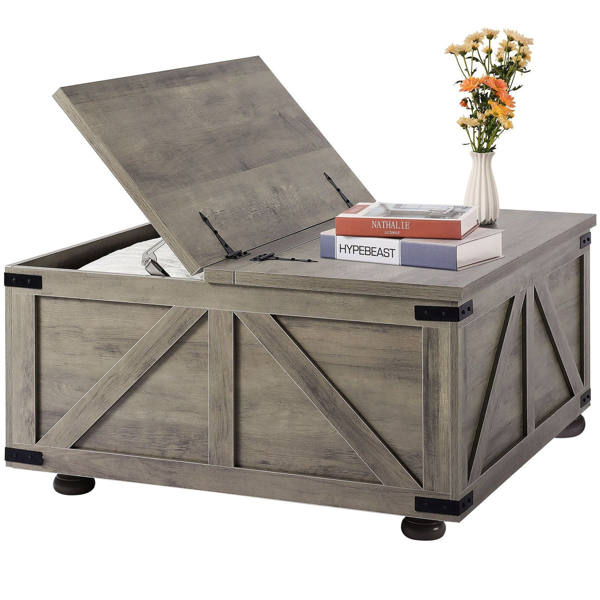 36" Farmhouse Coffee Table, Hinged Square Coffee Table with Large Storage Compartment, Wooden Rustic Cocktail Table for Living Room, Bedroom, Apartment, Studio, Beige