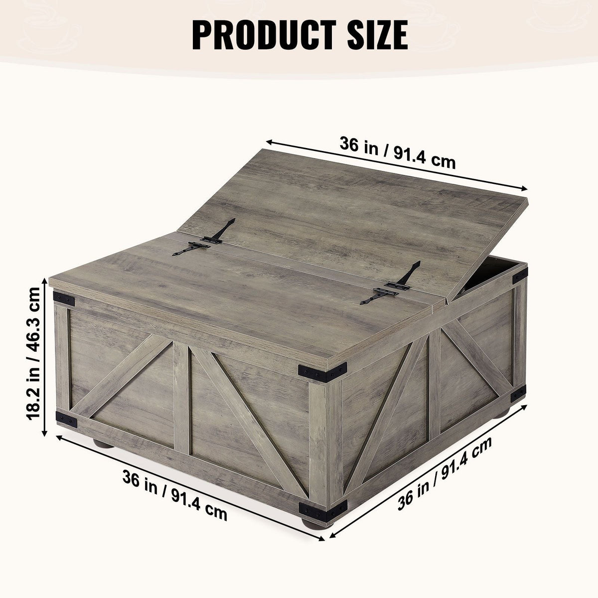 36" Farmhouse Coffee Table, Hinged Square Coffee Table with Large Storage Compartment, Wooden Rustic Cocktail Table for Living Room, Bedroom, Apartment, Studio, Beige