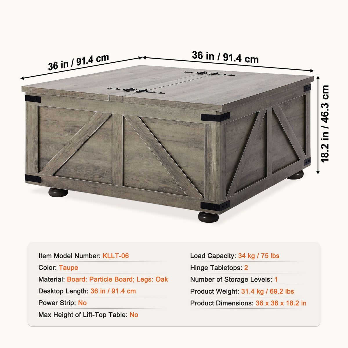 36" Farmhouse Coffee Table, Hinged Square Coffee Table with Large Storage Compartment, Wooden Rustic Cocktail Table for Living Room, Bedroom, Apartment, Studio, Beige