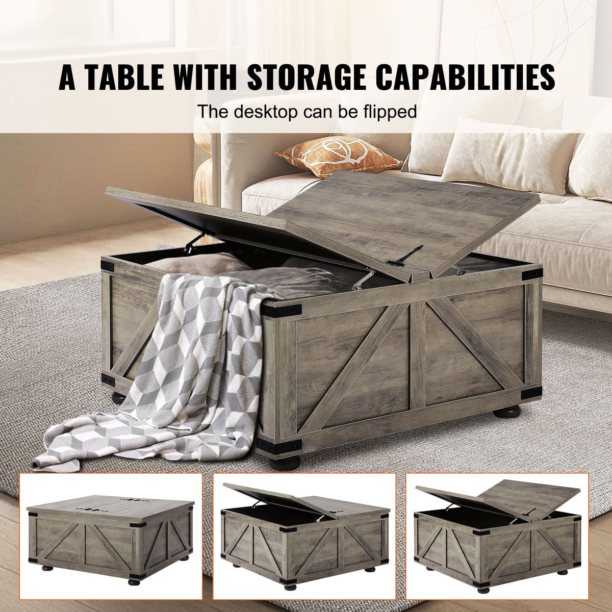 36" Farmhouse Coffee Table, Hinged Square Coffee Table with Large Storage Compartment, Wooden Rustic Cocktail Table for Living Room, Bedroom, Apartment, Studio, Beige
