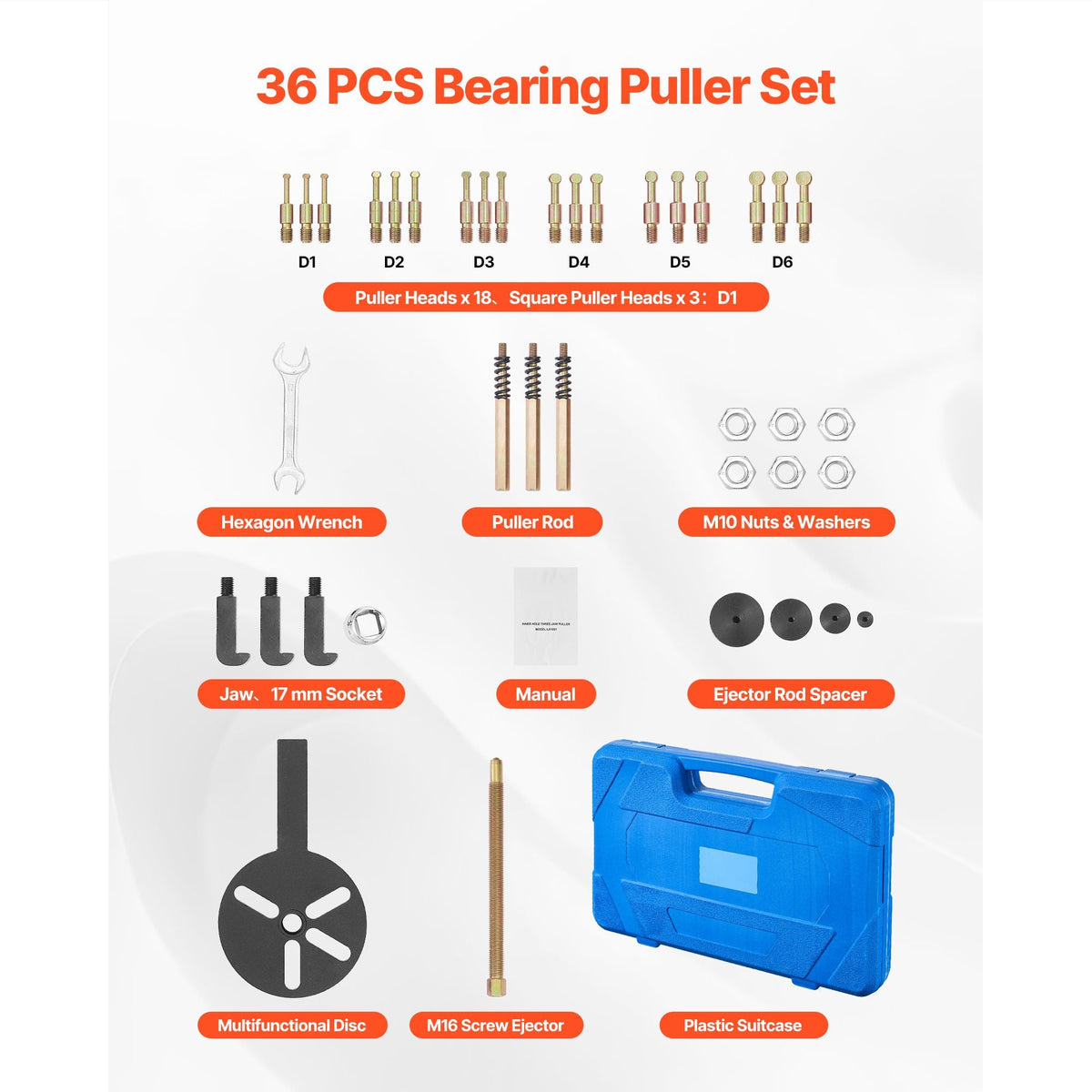 36-in-1 Bearing Puller Set, 36 PCS 3-Jaw Hook Puller for Internal External Bearings and Bearing Without Inner Shaft, Multifunctional Bearing Removal Tool with Heavy Duty Portable Storage Case