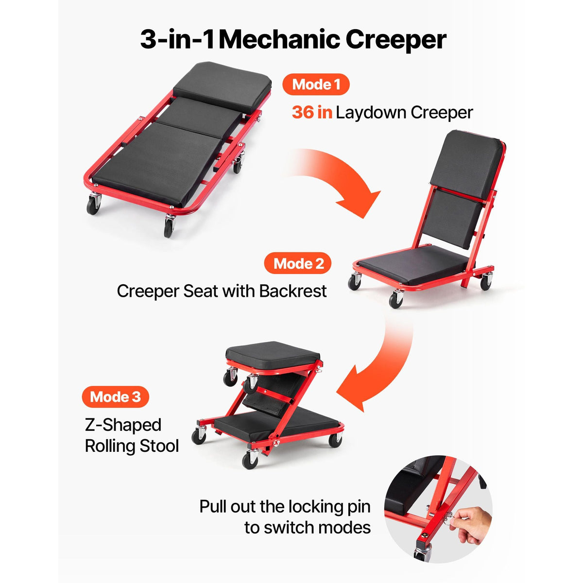 36 in 3-in-1 Folding Mechanic Creeper, Z-Creeper Garage Roller, 340 lbs Under Car Rolling Creeper with 6 Swivel Casters, Padded Headrest, Lay Down or Sit for Auto Repair