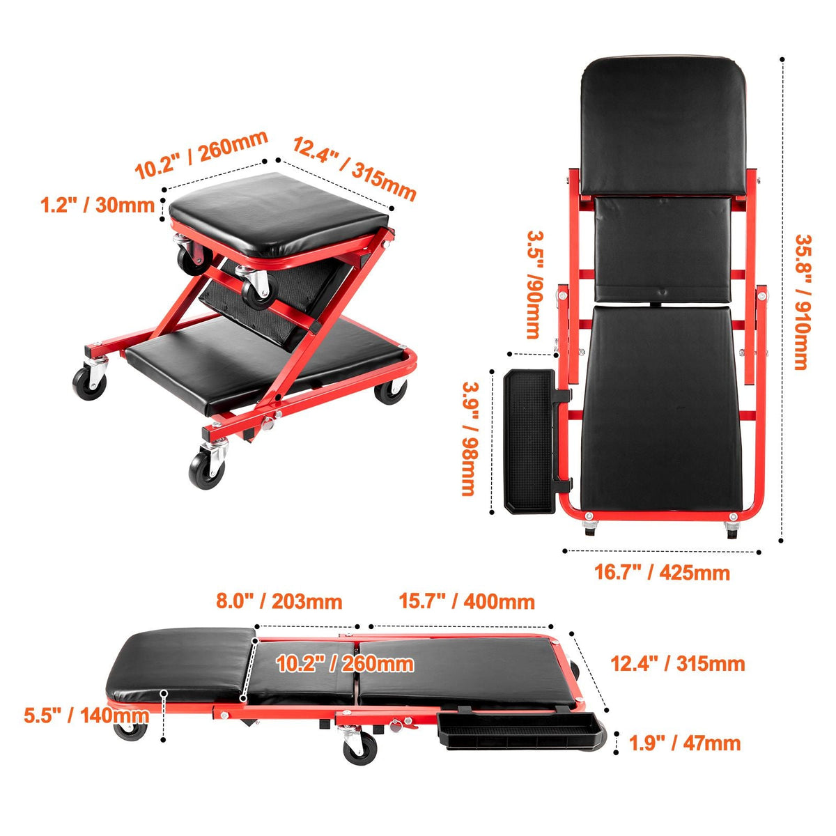 36 in Foldable Z Garage Creeper Mechanic Creeper Stool 300 lbs Capacity