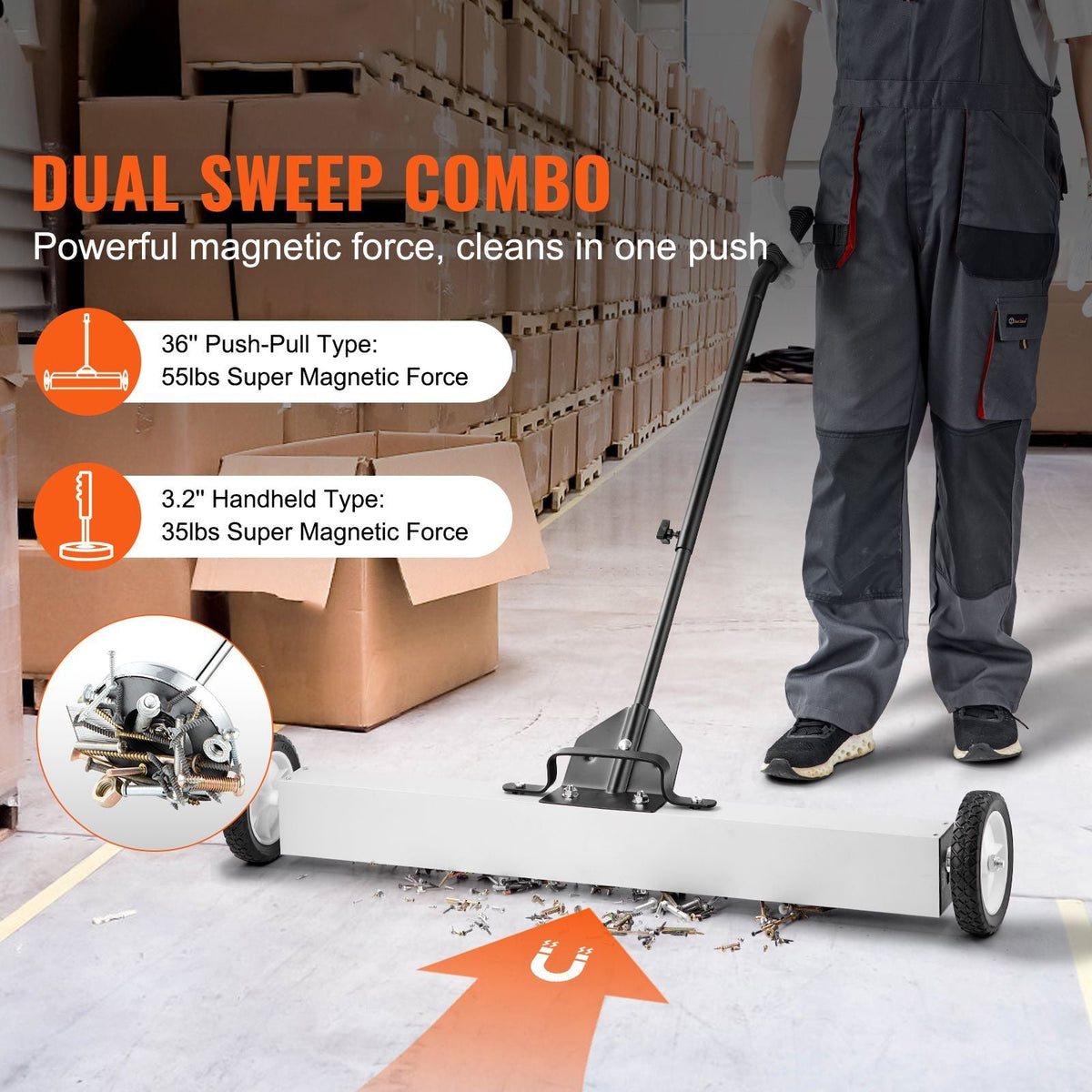 36-Inch Magnetic Sweeper with Wheels, 55 lbs Capacity, with Telescoping Magnetic Pickup Tool, Adjustable Handle, Magnetic Pickup Sweeper to Pick Up Nails and Screws, for Workshop, Garage, Yard