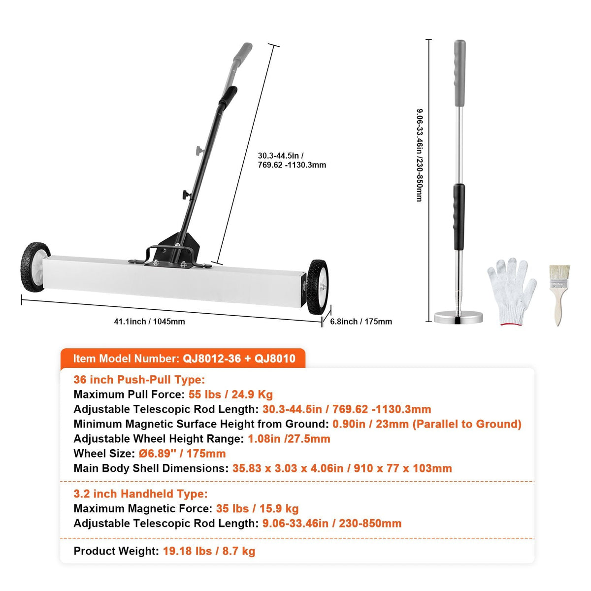 36-Inch Magnetic Sweeper with Wheels, 55 lbs Capacity, with Telescoping Magnetic Pickup Tool, Adjustable Handle, Magnetic Pickup Sweeper to Pick Up Nails and Screws, for Workshop, Garage, Yard