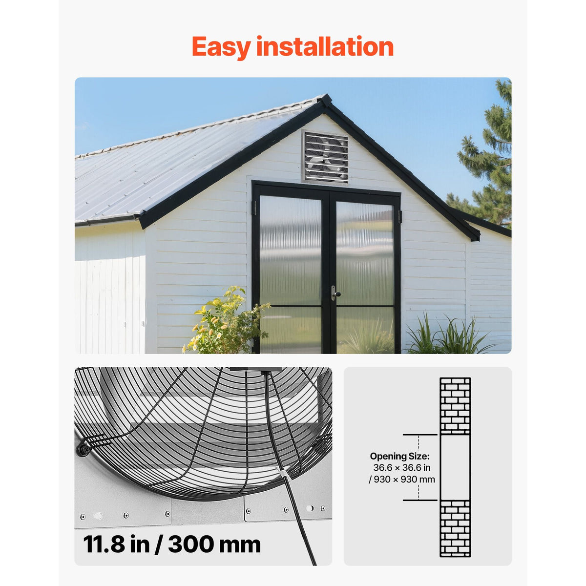 36 Inch Shutter Exhaust Fan Wall Mounted Automatic Louvers Silver, Sturdy Steel Housing, Low Noise, AC Motor, 9761 CFM Ventilation and Cooling for Attic, Garage, Barn, Greenhouse, Workshop