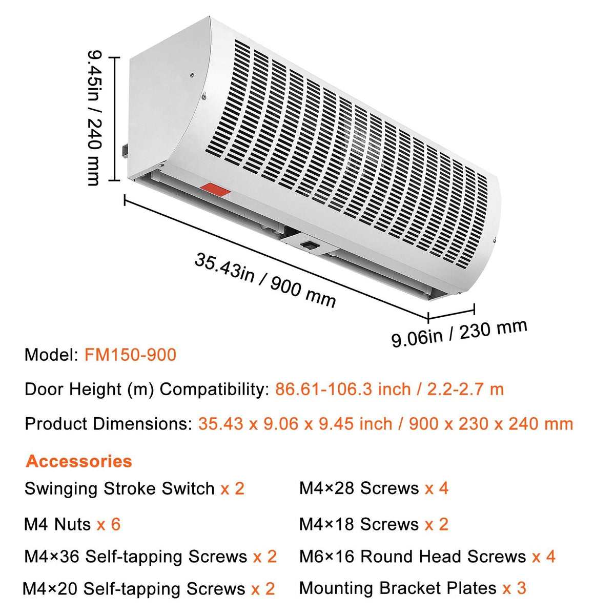 36" Industrial Air Door Blower, Dual-Speed 1200CFM, for Indoor Entryways, Includes Robust Limit Switch, Wall Mount Design, 110V Non-Heated, Simplified Installation