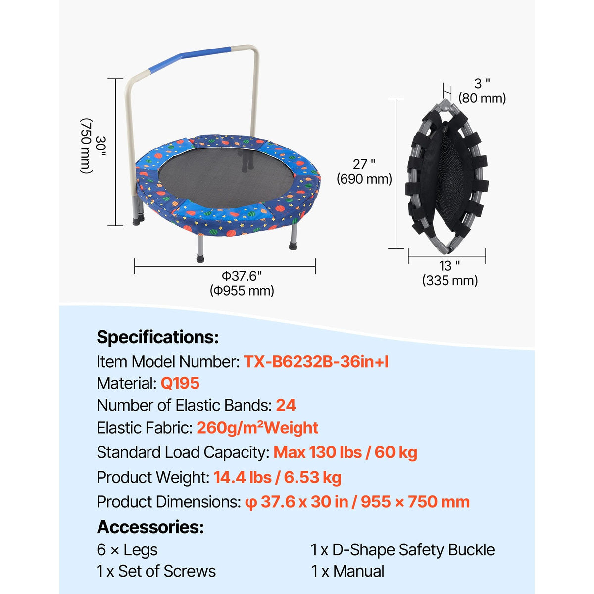 36" Kids Trampoline, 3FT Indoor Outdoor Trampoline, Foldable Mini Trampoline with Handle, Rebounder Trampoline for Toddlers, Birthday Gift for 3+ Years Children, Boys Girls for Fun, Bule