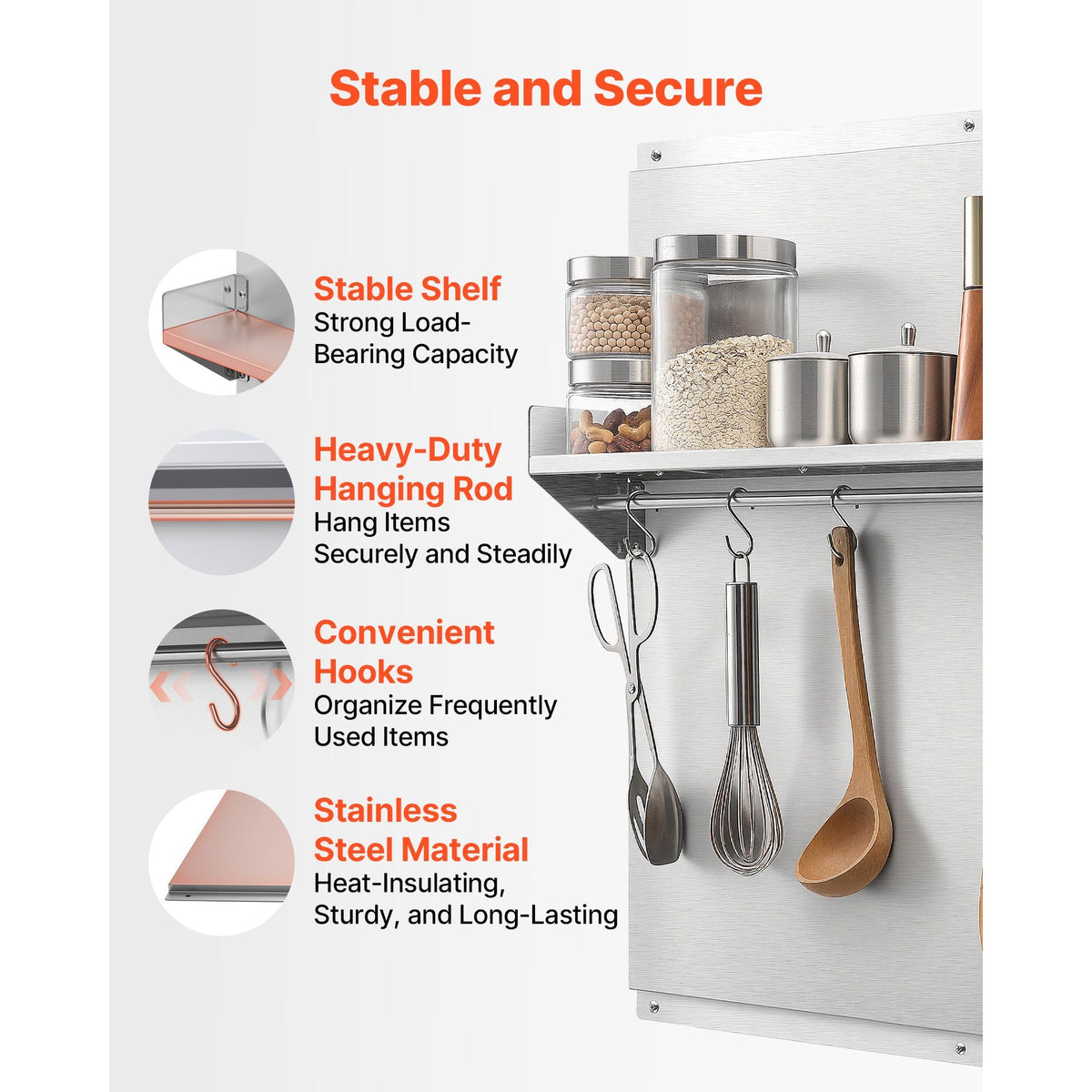 36" x 30" Stainless Steel Backsplash for Stove, Ultra Flat Splatter Guard with Storage Shelf & Hanging Rack, Wall Shield Range Hood Panel, Easy Clean, Pre-Drilled Holes for Easy Installation