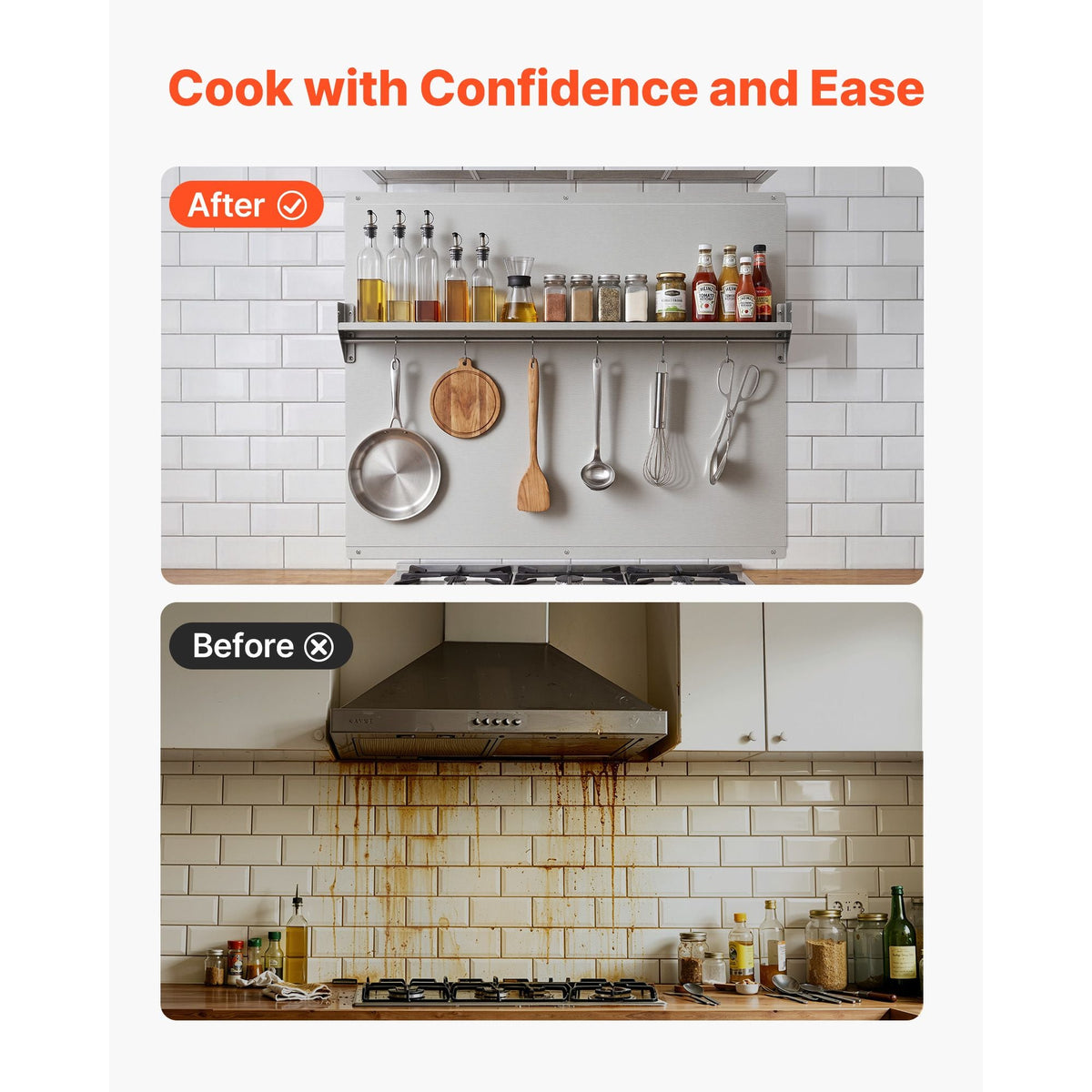 36" x 30" Stainless Steel Backsplash for Stove, Ultra Flat Splatter Guard with Storage Shelf & Hanging Rack, Wall Shield Range Hood Panel, Easy Clean, Pre-Drilled Holes for Easy Installation