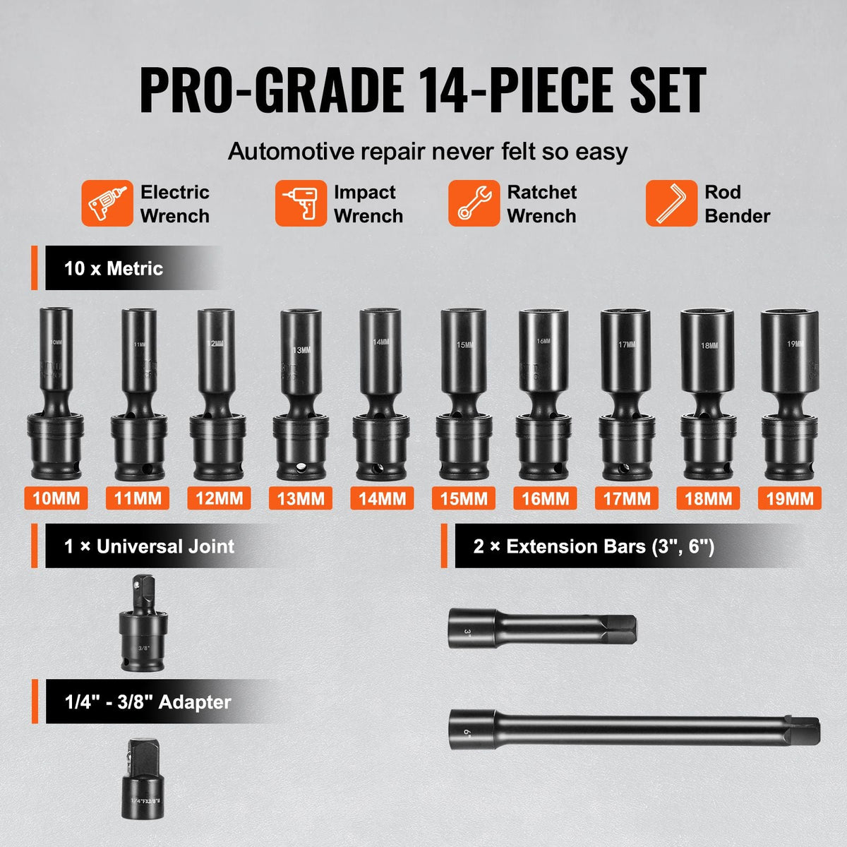 360 Degree Swivel Impact Socket Set, 3/8" Socket Set 14PCS Deep Universal Metric 10-19mm, 6 Point Cr-Mo Alloy Steel for Auto Repair, Easy-to-Read Size Markings, Rugged Construction, Storage Case