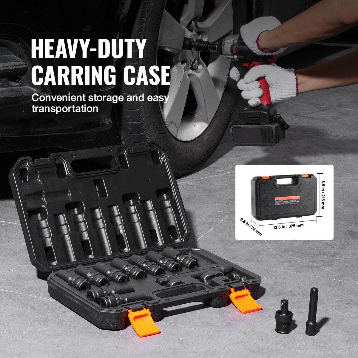 360 Degree Swivel Impact Socket Set, 3/8" Socket Set 14PCS Deep Universal Metric 10-19mm, 6 Point Cr-Mo Alloy Steel for Auto Repair, Easy-to-Read Size Markings, Rugged Construction, Storage Case