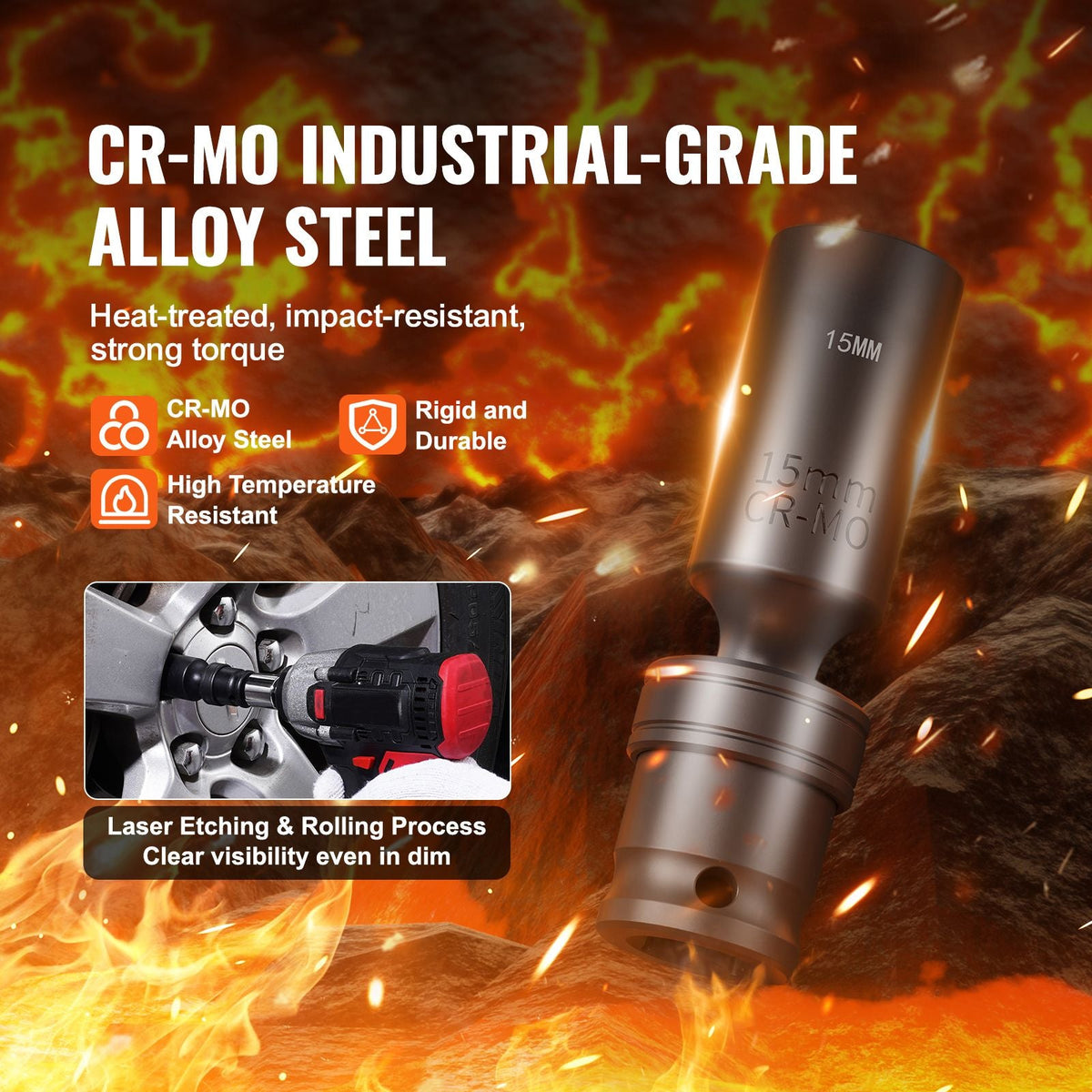 360 Degree Swivel Impact Socket Set, 3/8" Socket Set 14PCS Deep Universal Metric 10-19mm, 6 Point Cr-Mo Alloy Steel for Auto Repair, Easy-to-Read Size Markings, Rugged Construction, Storage Case