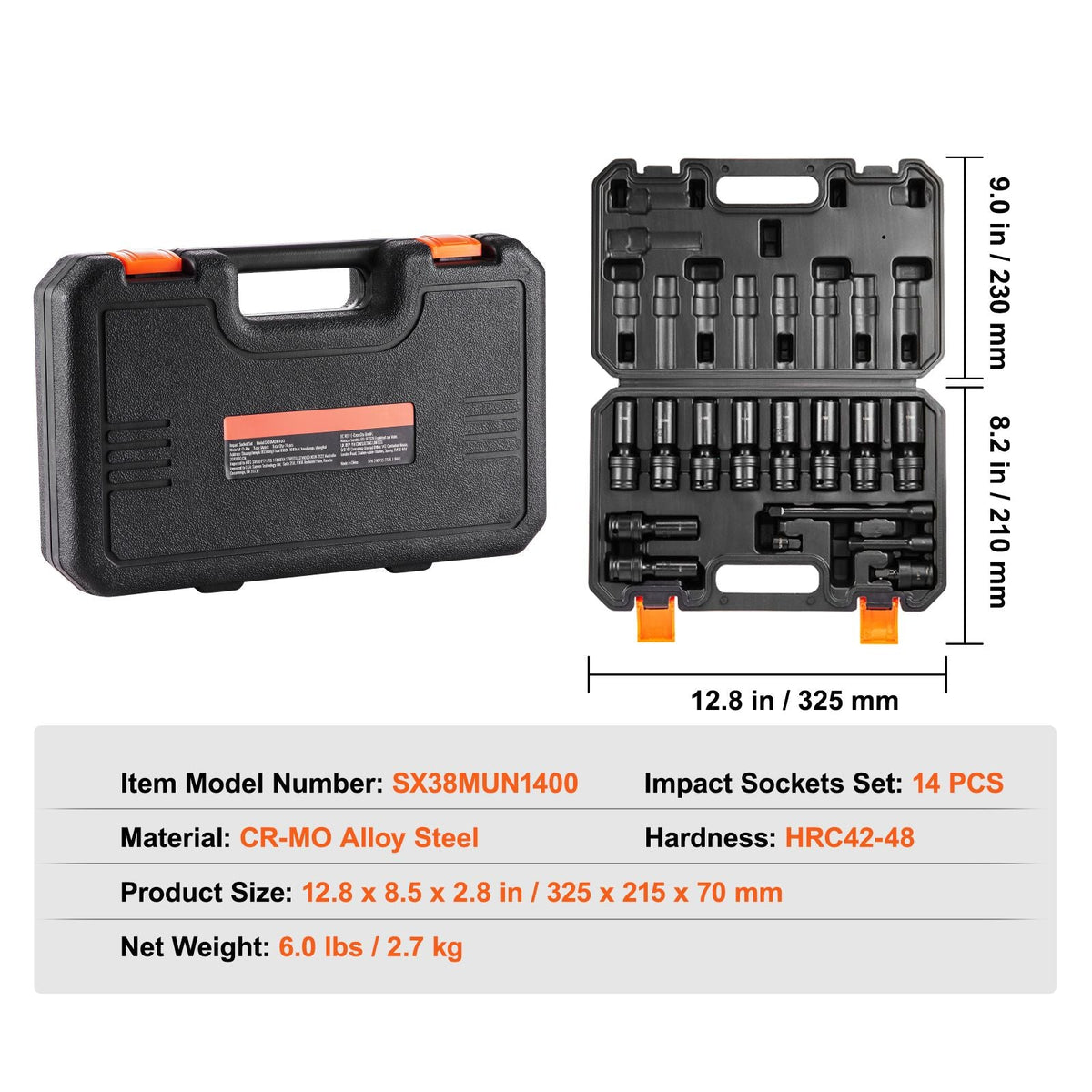 360 Degree Swivel Impact Socket Set, 3/8" Socket Set 14PCS Deep Universal Metric 10-19mm, 6 Point Cr-Mo Alloy Steel for Auto Repair, Easy-to-Read Size Markings, Rugged Construction, Storage Case