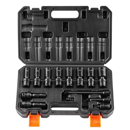 360 Degree Swivel Impact Socket Set, 3/8" Socket Set 14PCS Deep Universal Metric 10-19mm, 6 Point Cr-Mo Alloy Steel for Auto Repair, Easy-to-Read Size Markings, Rugged Construction, Storage Case