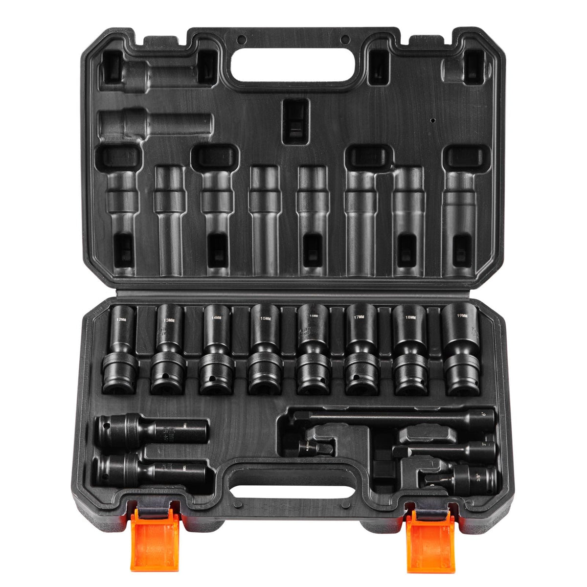 360 Degree Swivel Impact Socket Set, 3/8" Socket Set 14PCS Deep Universal Metric 10-19mm, 6 Point Cr-Mo Alloy Steel for Auto Repair, Easy-to-Read Size Markings, Rugged Construction, Storage Case