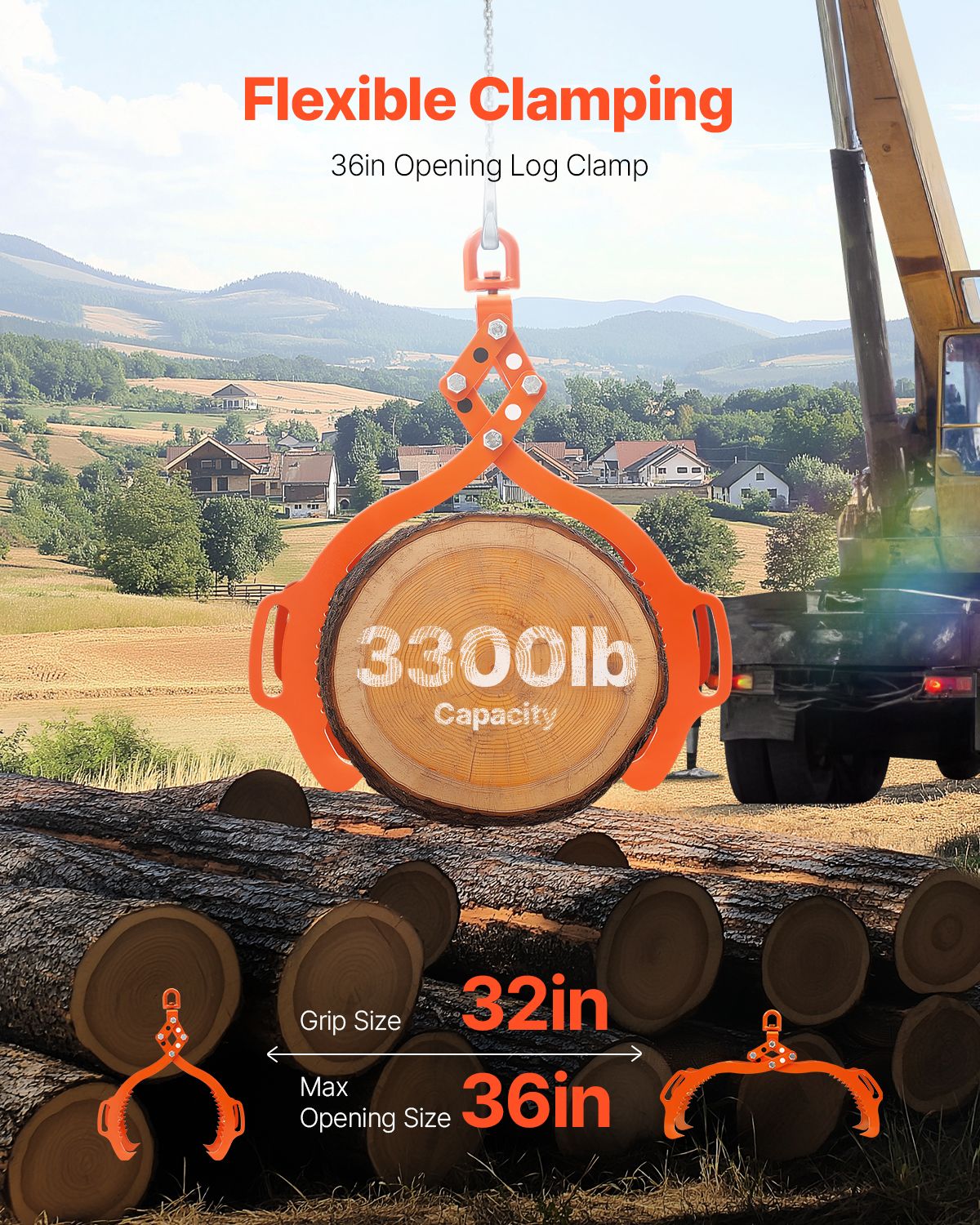 36in Log Lifting Tongs, 4-Claw Log Tongs, Heavy Duty Steel Log Grapple, 3300LBS Lifting Capacity, Swivel Log Graper Timber, Eagle Claw Design, Log Skidding Tongs for Trucks, Tractors, Forklifts