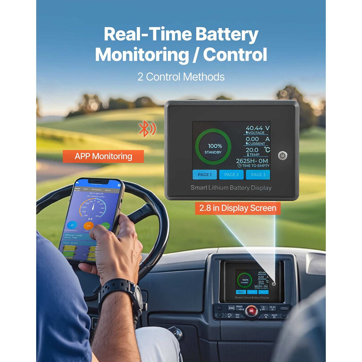 36V 105Ah Golf Cart Lithium Battery, 36 Volt Golf Cart Battery with 200A BMS, Touch Monitor and Mobile APP, LiFePO4 Battery with 600A Peak Current, 20A Charger and 4000+ Cycles, for Golf Carts