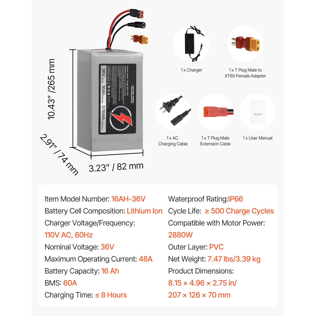 36V Electric Scooter Battery, 16Ah, Ebike Lithium Battery Pack with 30A BMS, Charger, T-Plug Expansion Cable, 500+ Cycles, Compatible with 2880W Motors, for Electric Bikes Bicycles, Scooters