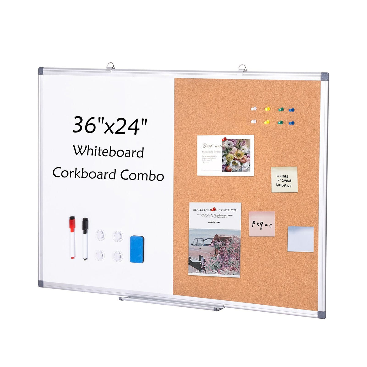 36"x 24" Whiteboard & Cork Board Combo with Aluminum Frame – 2-in-1 Magnetic Dry Erase Bulletin Board for Wall Mount – Ideal for School, Home, Office