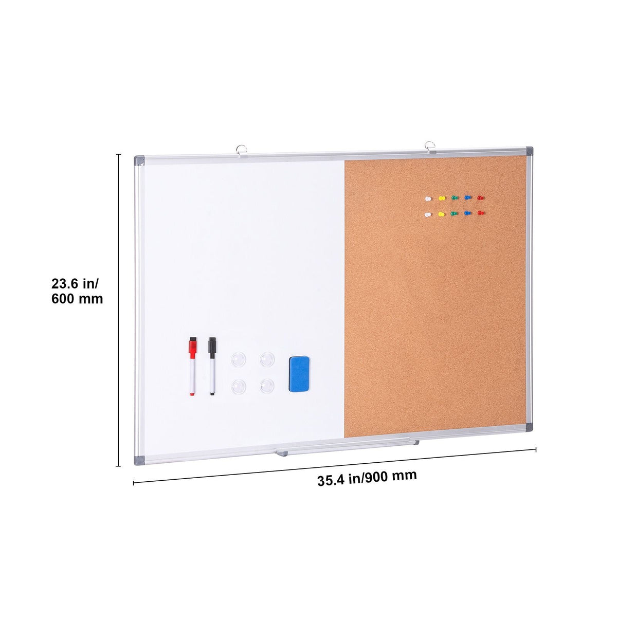 36"x 24" Whiteboard & Cork Board Combo with Aluminum Frame – 2-in-1 Magnetic Dry Erase Bulletin Board for Wall Mount – Ideal for School, Home, Office